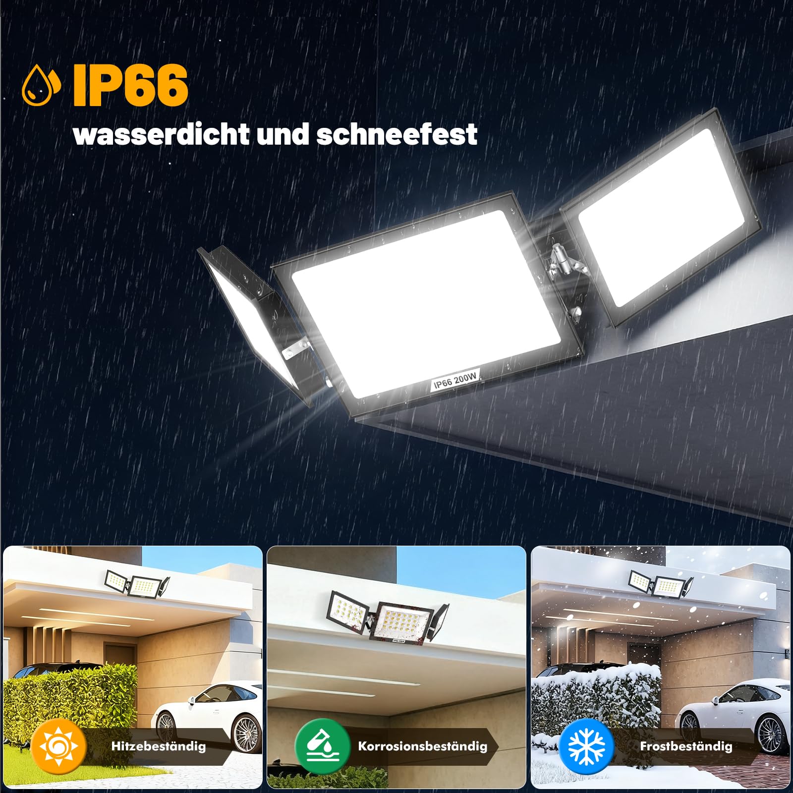 Lightasea 200W Security Lights Outdoor,LED Spot Light,20000LM LED Floodlight Outdoor,Outdoors Spotlight with Adjustable 3 Heads,IP66 Waterproof Outdoors Wall Light,for Courtyard Porch Garden Garage - Image 3