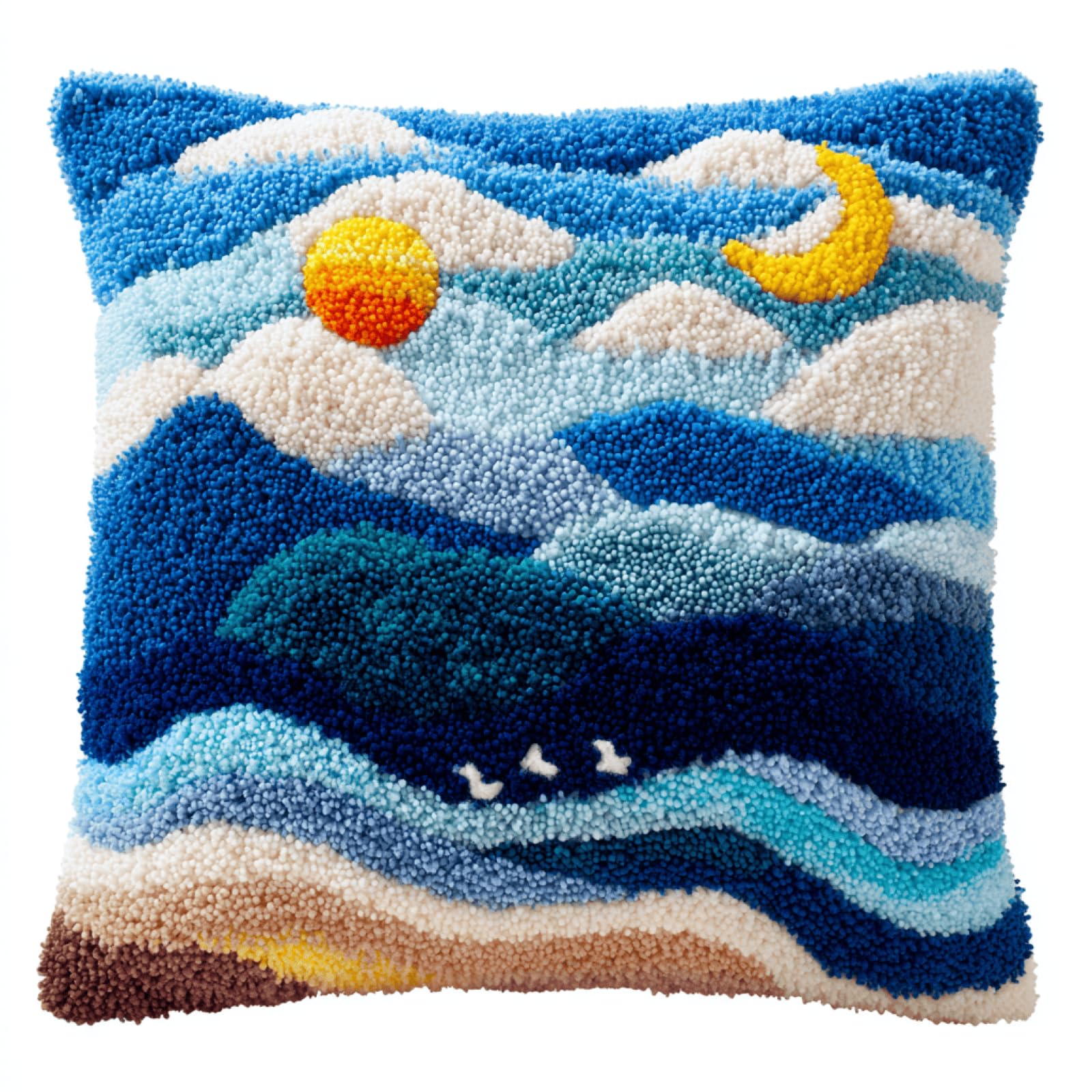 Taxpy DIY Latch Hook Cushion Kit for Beginners,Ocean View,17x17in Pillow Cover Craft Set with Pre-Printed Canvas,Soft Yarn & Hook Tool,Relaxing Needlework Activity for Adults,Home Decor