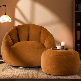 Giant Bean Bag Swivel Chair for Adults with Ottoman - Comfy Plush Round Shell Soft Accent Chaise Lounge Indoor Chair, Oversized Cozy Floor Sofa for Living Room Game Rooms, Orange