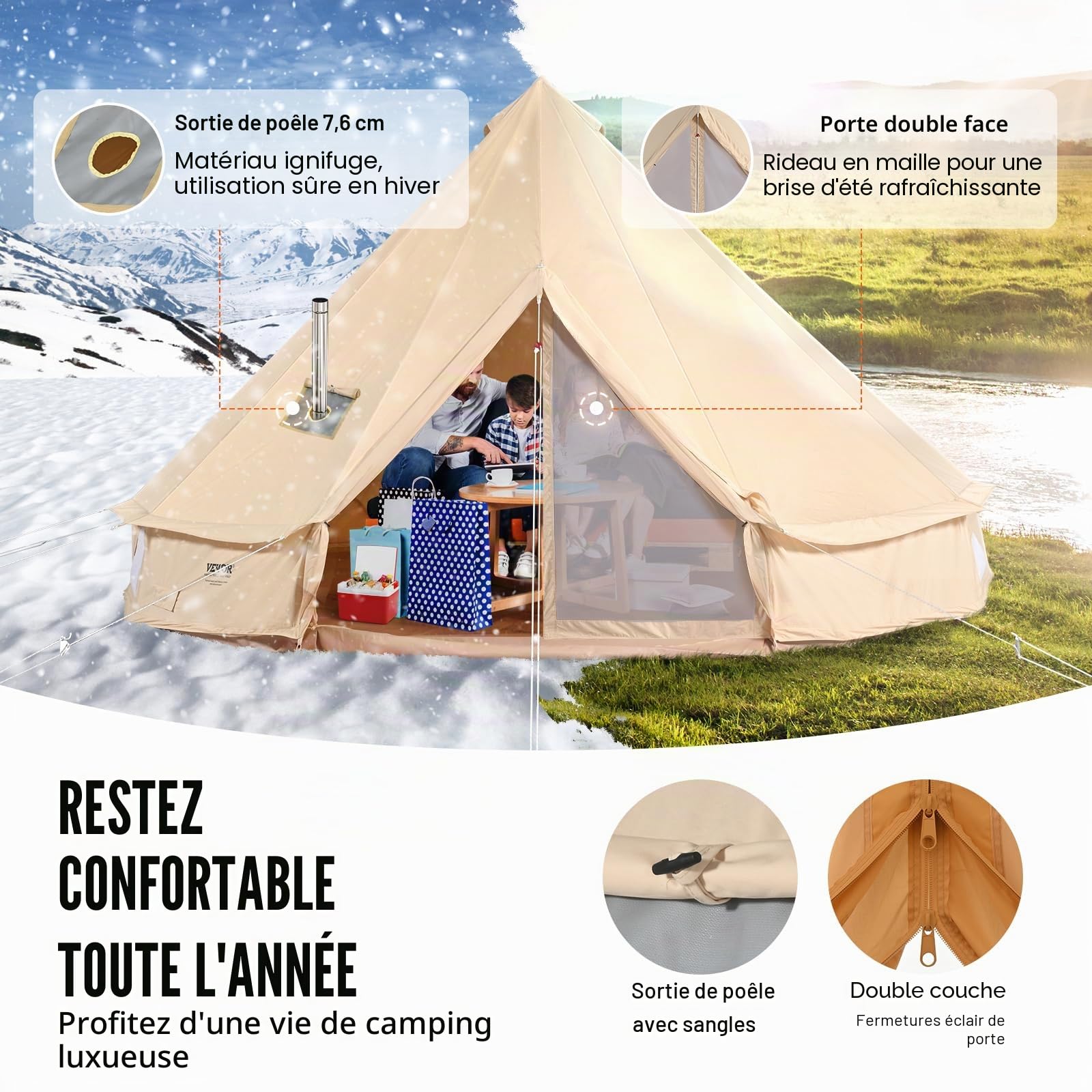 VEVOR Tente Cloche en Toile 4 m de Yourte 4 Saisons pour Camping Familial avec Trou de Poêle à Bois, Sacs de Rangement pour Glamping Jusqu'à 6 Personnes, Groupes en Plein Air, Fête, Chasse