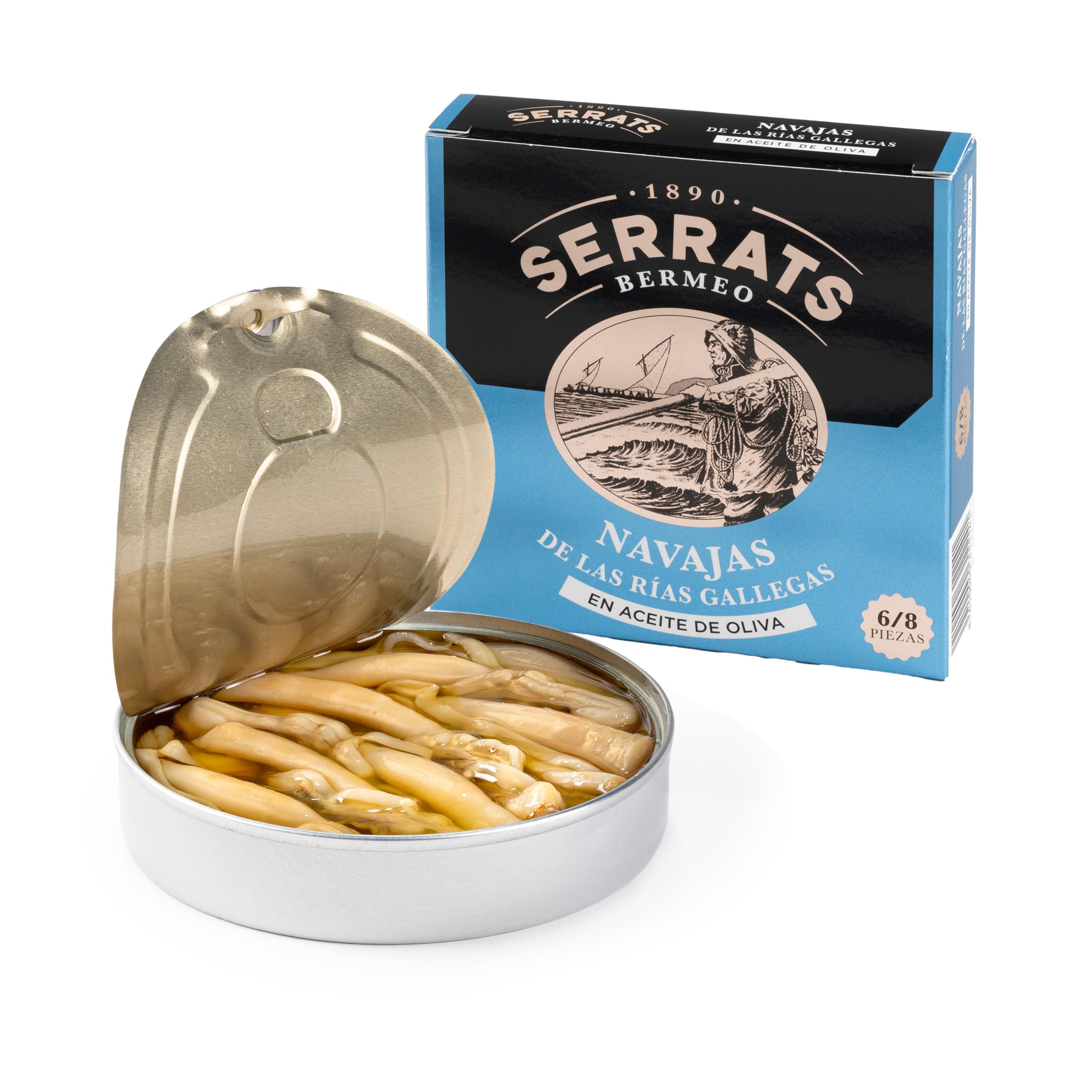 CONSERVAS SERRATS - Messermuscheln aus den Rías de Galicien in Premium Olivenöl - 8 Dosen x 110g (Gesamt: 880g) - Handwerkliche Herstellung seit 1890 - Glutenfrei - Reich an Omega 3 – Premium