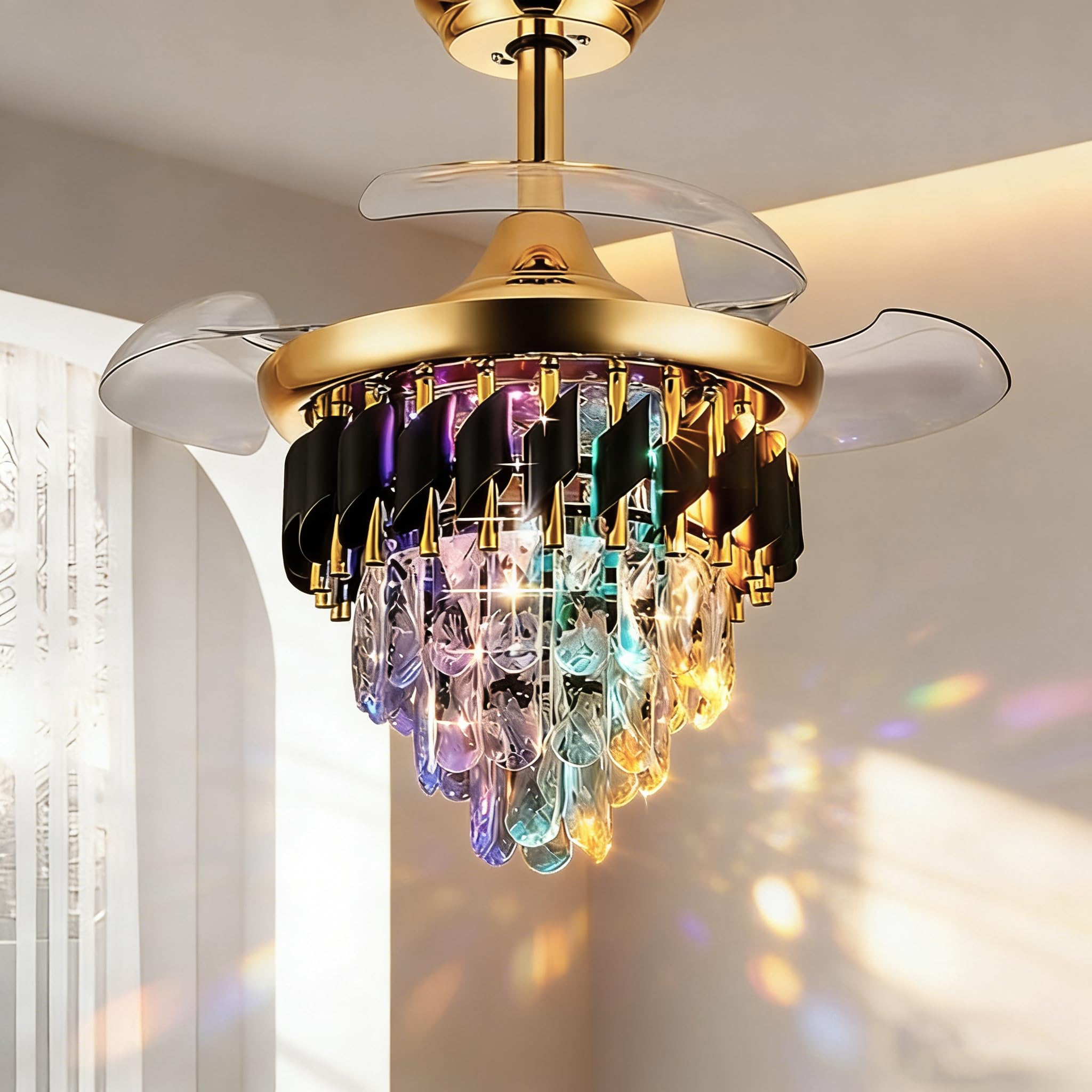 LumZeylith 30" Retractable Crystal Ceiling Fan with Light, RGB Modern Chandelier Fan 6 Speeds Reversible Blades Gold