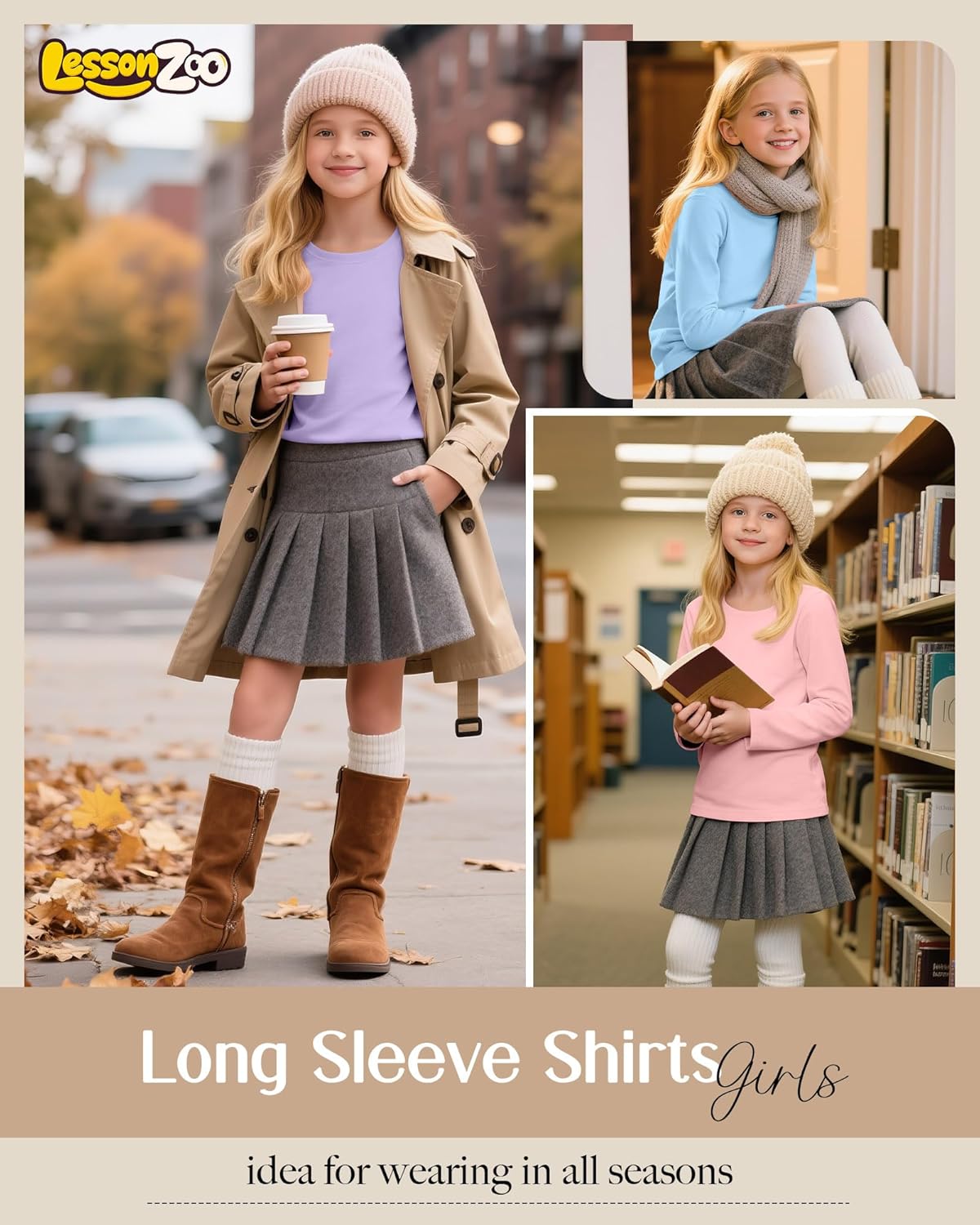 4 Pack Girl's Long Sleeve Shirts, Crew Neck Basic Tops Soft Layering Tees for Teens Kids Undershirts 5-14 Years - Image 3