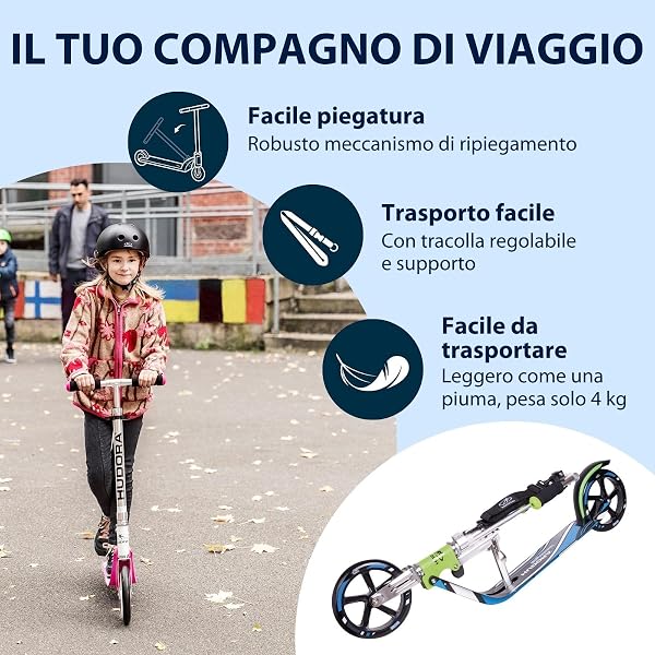 HUDORA Monopattino BigWheel 205 - in alluminio resistente - Monopattino pieghevole regolabile con cavalletto - sportivo per bambini e adulti fino a 100 kg - verde/blu - 4