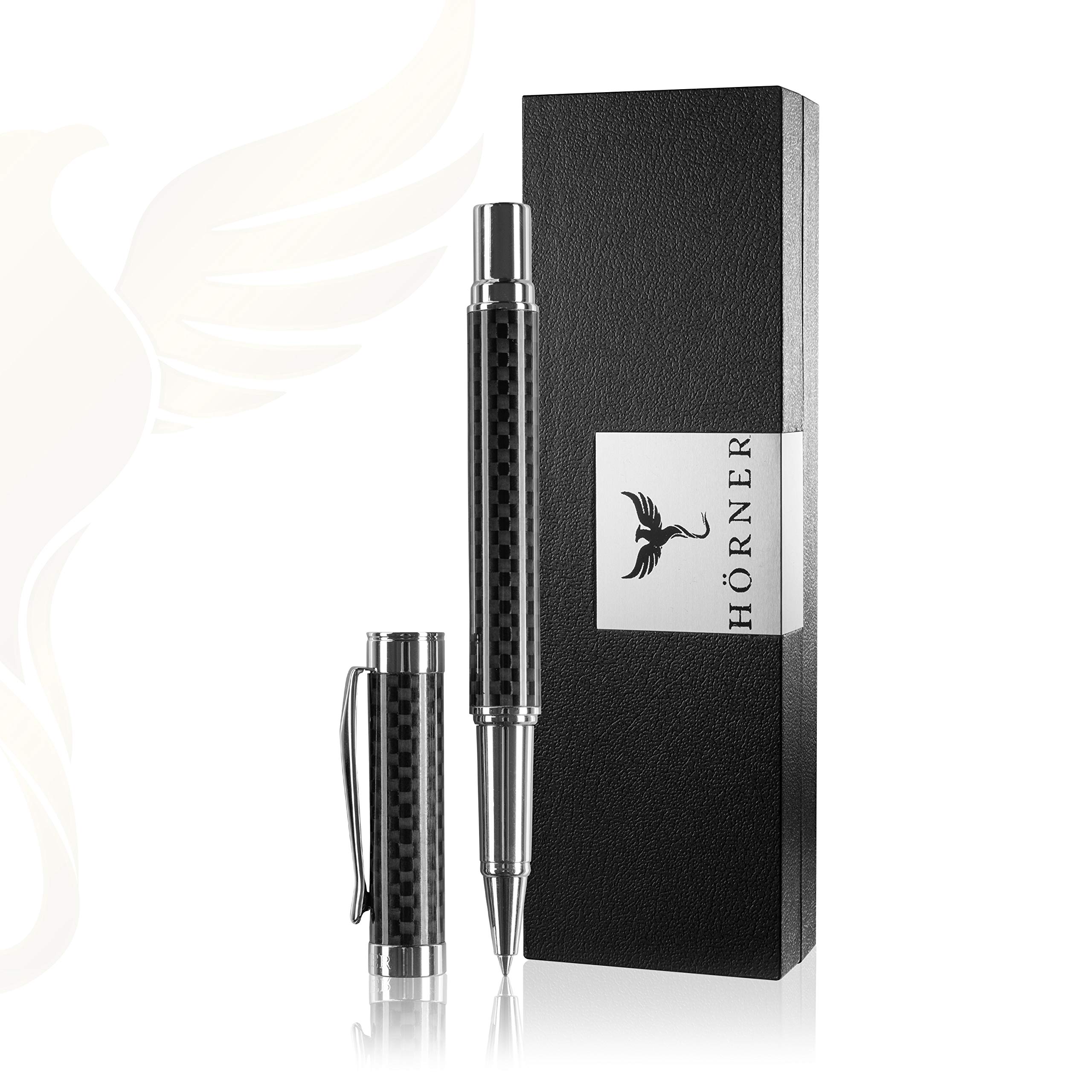 Hörner One – Stylo à bille haut de gamme en carbone noir et argent | Couleur de l'encre bleue 0,7 mm | En métal | Set d'écriture élégant avec étui I Stylo indélébile pour écriture multiple | Moderne
