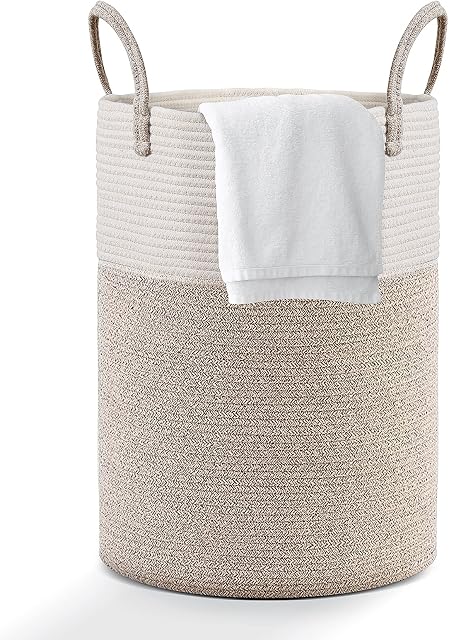Cotton Rope Laundry Basket, Viwril Large Woven Laundry Storage Basket Dirty Clothes Hamper Tall Woven Baby Nursery Organiser with Handle for Diaper Toy Bedroom Bathroom Storage Bins 50cm x 38cm Brown