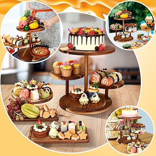 Miniatura 5 de Hushee Juego de 4 soportes redondos de madera para cupcakes con bandejas para servir, bandeja de madera de 4 niveles para pasteles con 1 plato