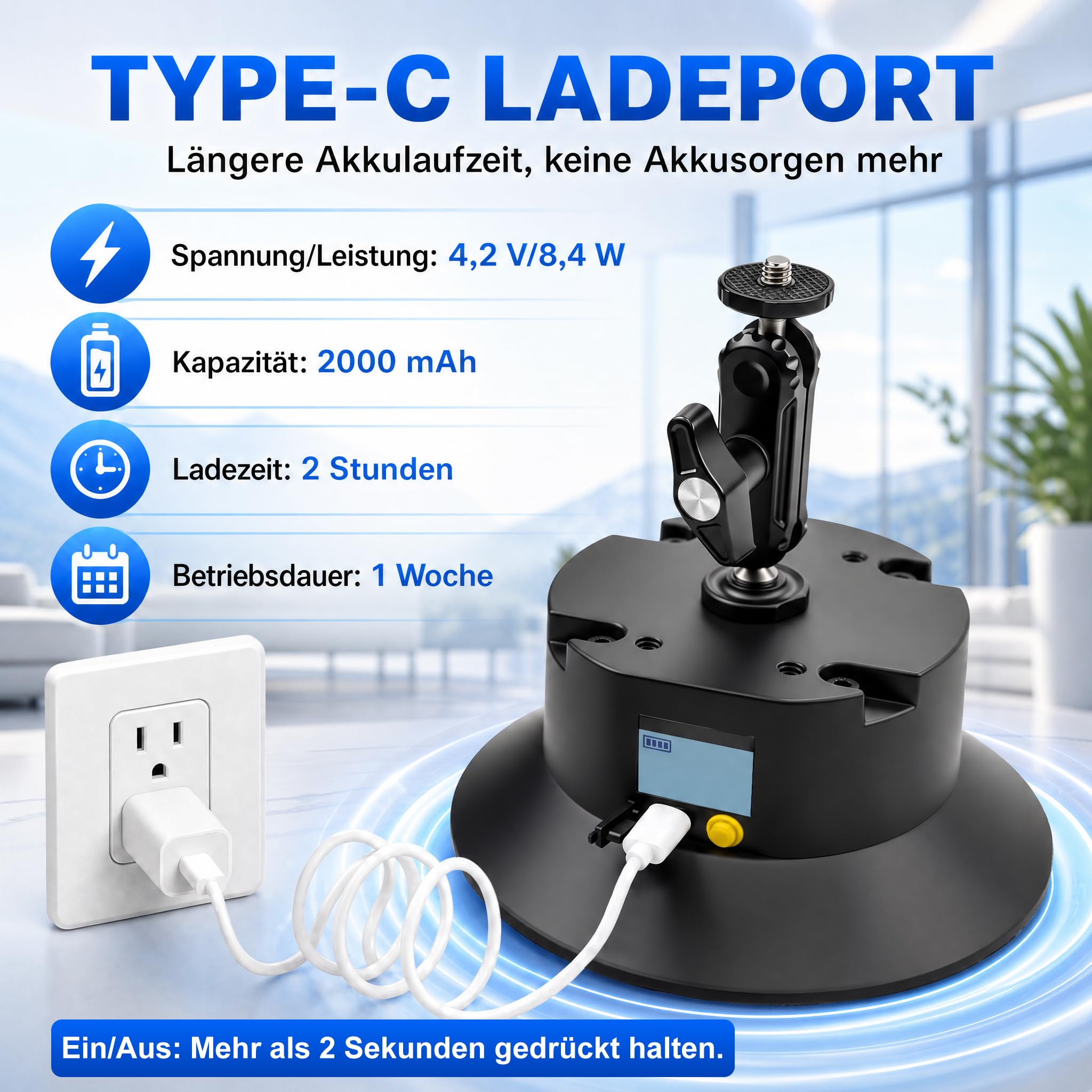 Elektrische Kamera Halterung mit Saugnapf und Aluminium Magic Arm | Kamera Saugnapfhalterung mit Kugelkopf Magic Arm,1/4″Schraube,2000 mAh,Auto-Nachsauge,Typ-C,Auto Halterung für Action-Kameras