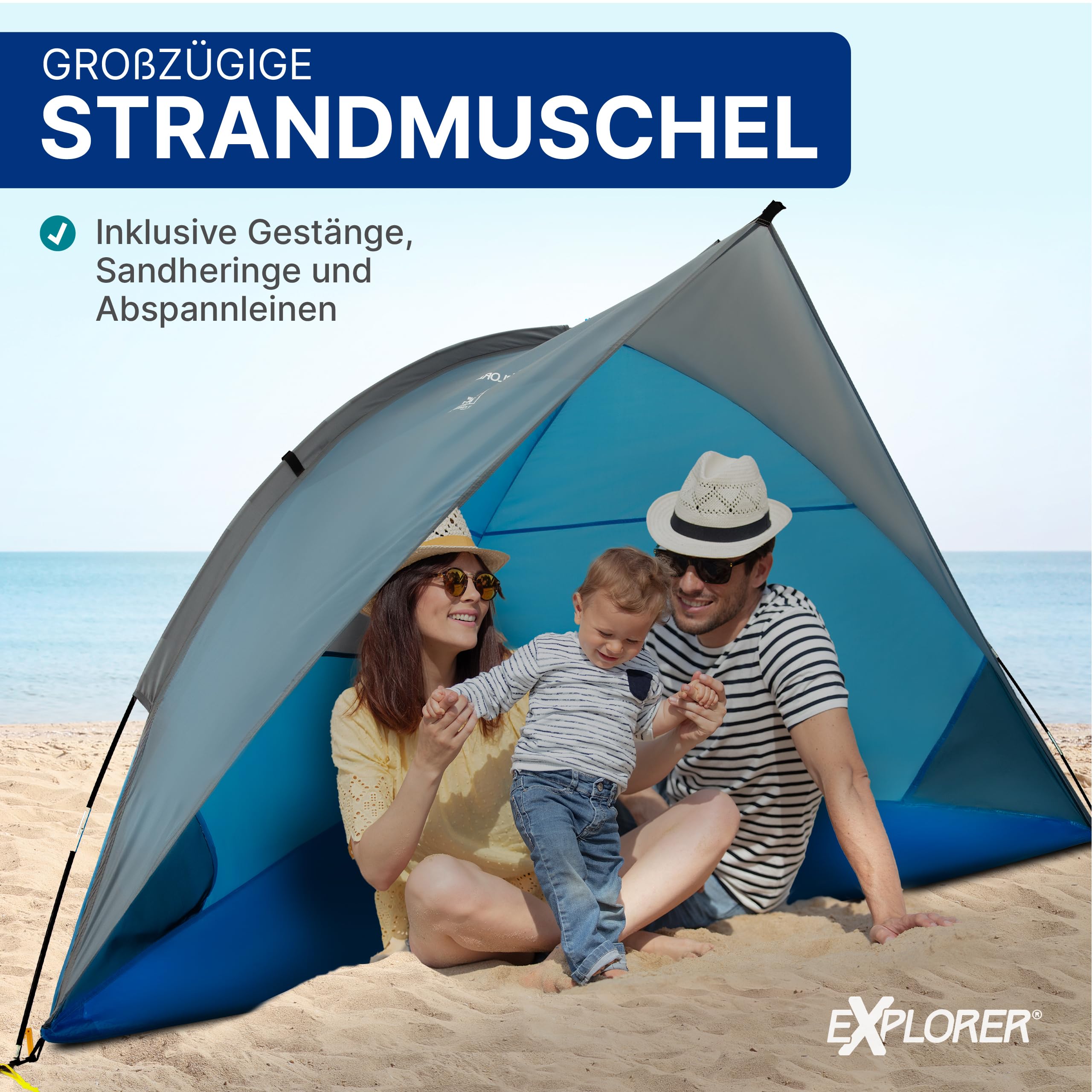 EXPLORER Reise Strandmuschel mit UV Schutz 80+ [240x125x125cm] kleines Packmaß [9x32cm] leicht [1Kg] Strandzelt Sonnenschutz & Windschutz Muschel Reiseformat