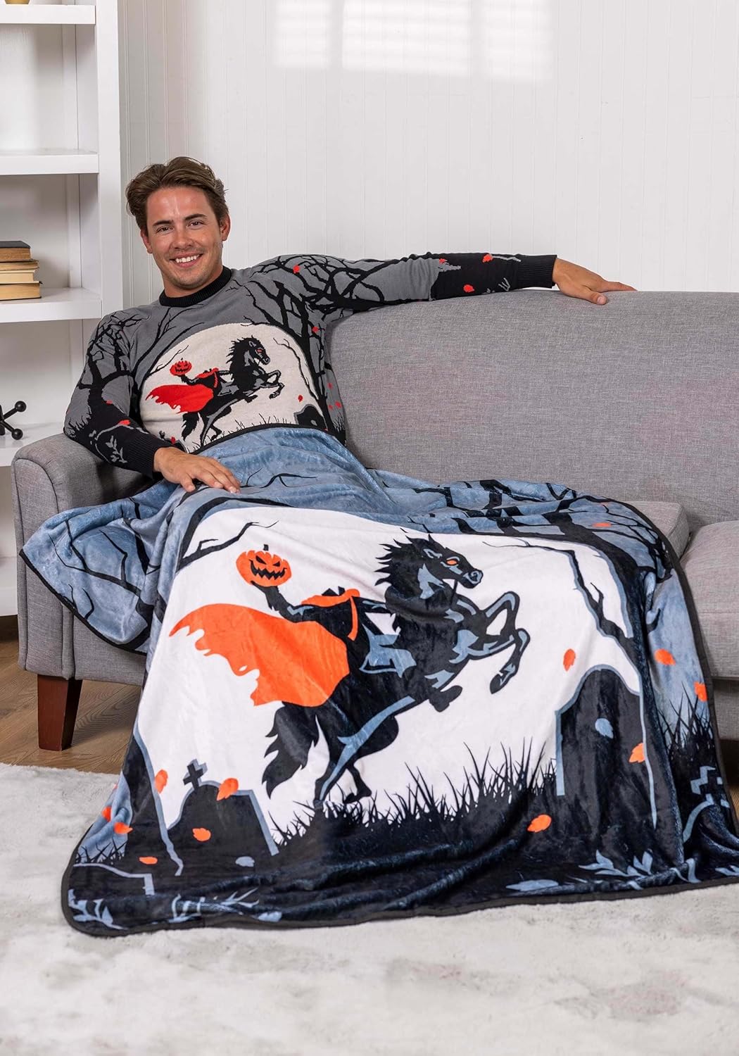 Fun Costumes Headless Horseman Fleece Microfiber Throw Blanket 60" x 48" | Soft & Fuzzy Spooky Horror Halloween Home Decor