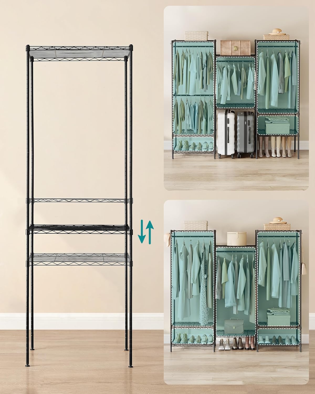 SONGMICS Wardrobe Metal Wardrobe with Adjustable Shelves, Clothes Rails and Hooks, Heavy Duty Separable Clothes Stand, Ink Black LGR431B01