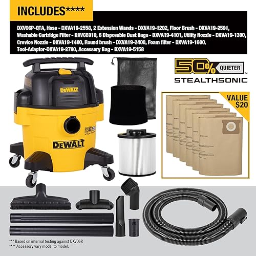 Miniatura 5 de DEWALT Aspiradora Stealthsonic de 6 galones para tienda húmeda y seca, aspiradora HP de 5 picos con succión potente, aspiradora ultra silenciosa