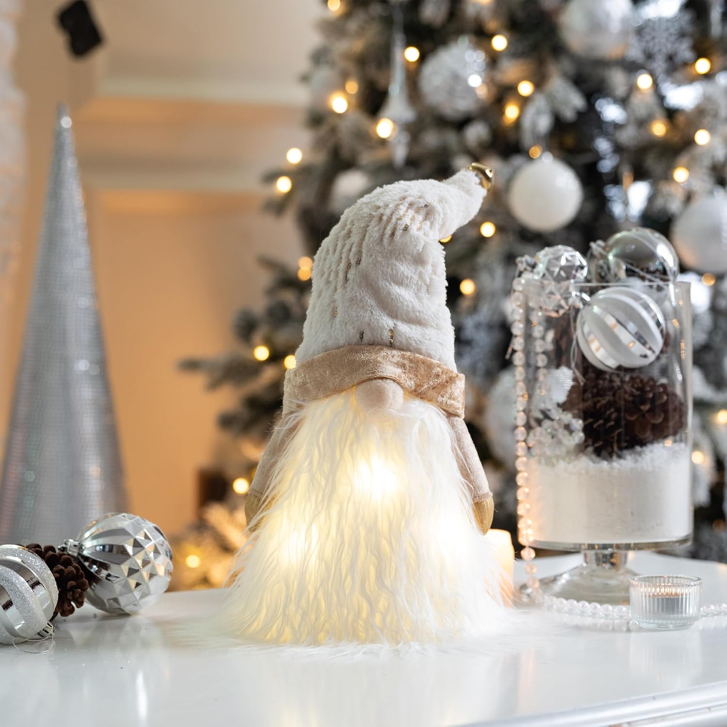 Valery Madelyn Christmas Gnome Tree Topper with Timer&White and Gold Shatterproof Christmas Tree Decorations(2 Items Buddle)