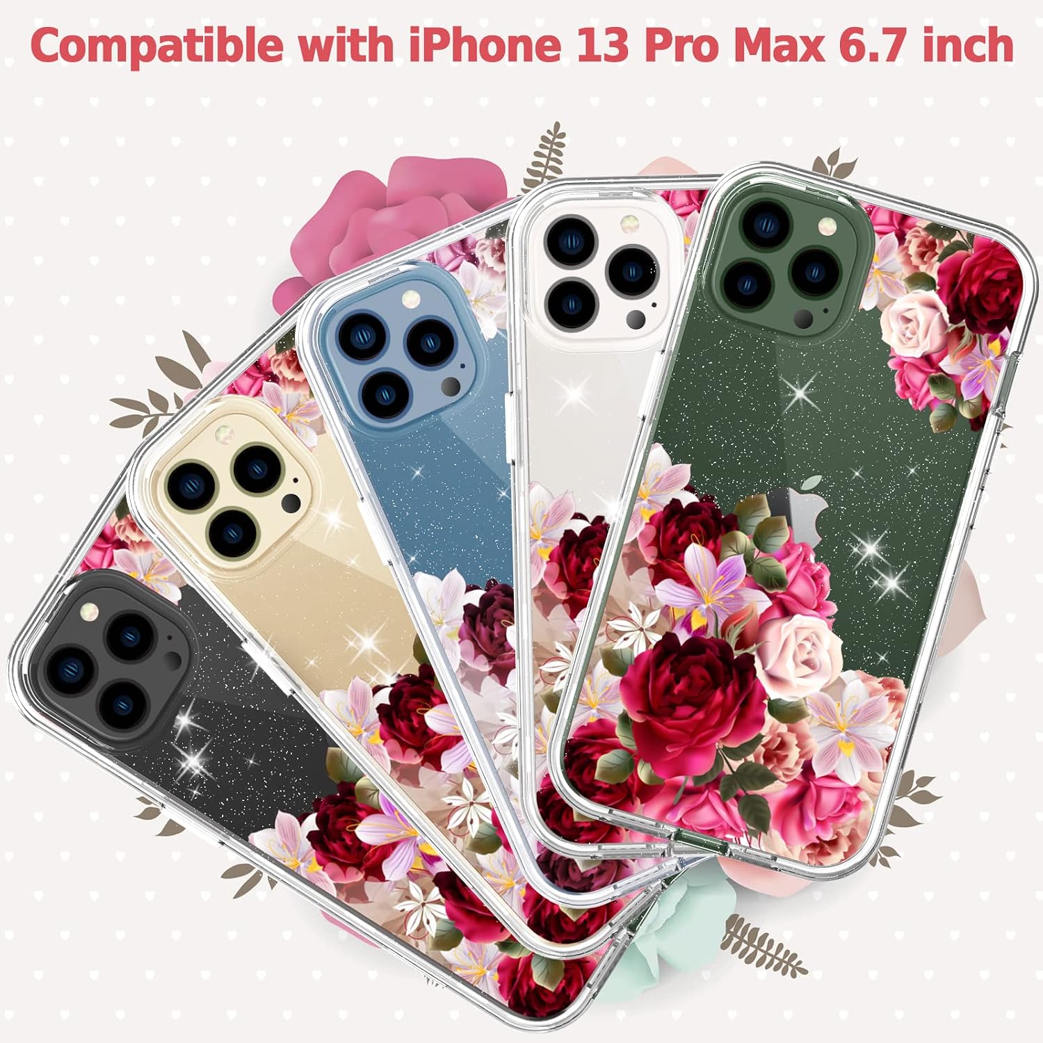 ACKETBOX Case for iPhone 13 Pro Max Case with Screen Protector + Camera Lens Protector and Ring Bracket PC Back Case + Front Cover and TPU Full Body Protective Cover for iPhone 13 Pro Max (Flowers)