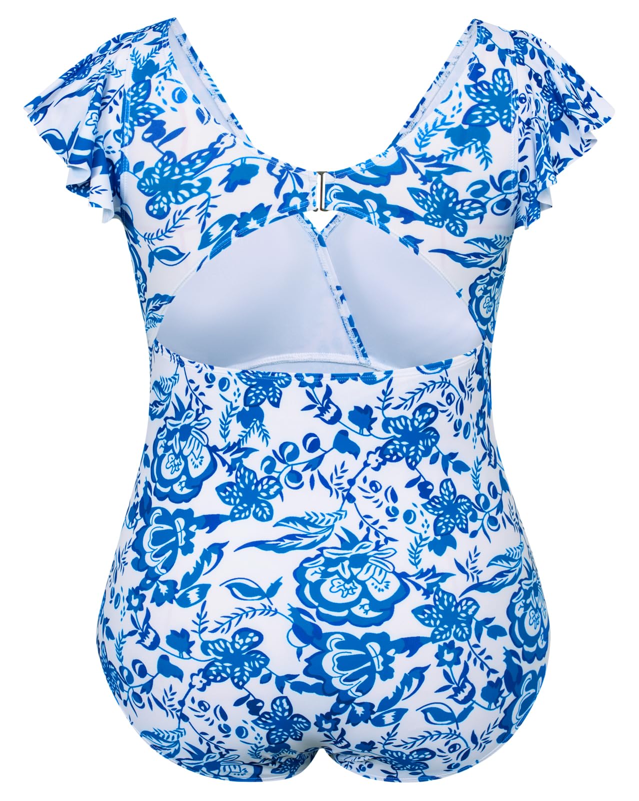 Hanna Nikole Maillot de Bain Une Pièce Grande Taille pour Femme, Manches à Volants Dos Découpé Col en V Contrôle du Ventre Monokini