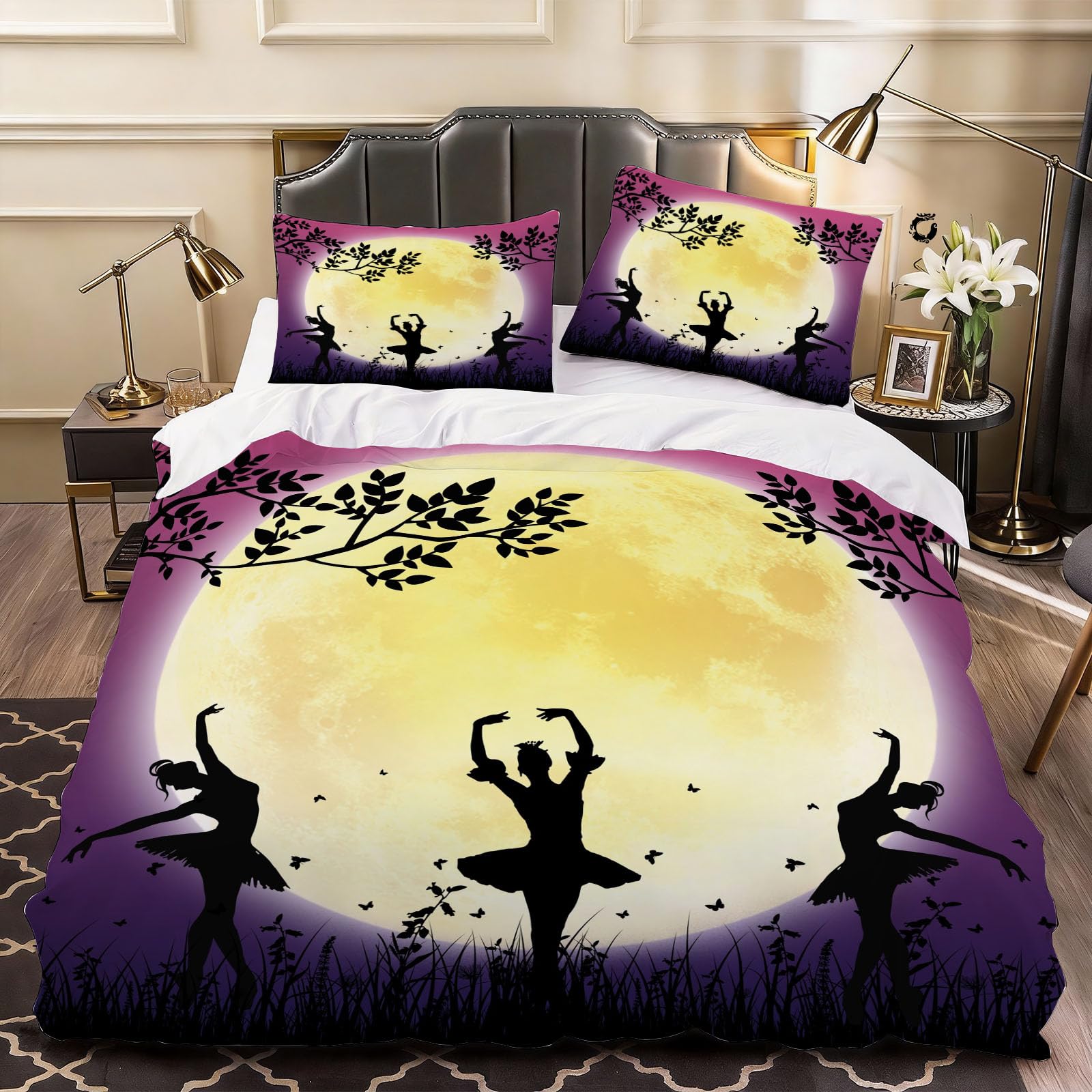 3D Ballet Duvet Cover Moon Bedding Double Bed Set, Soft Microfiber Comforter Cover Printed with Zipper Closure Quilt Coverr 200x200 cm and 2 Pillowcases