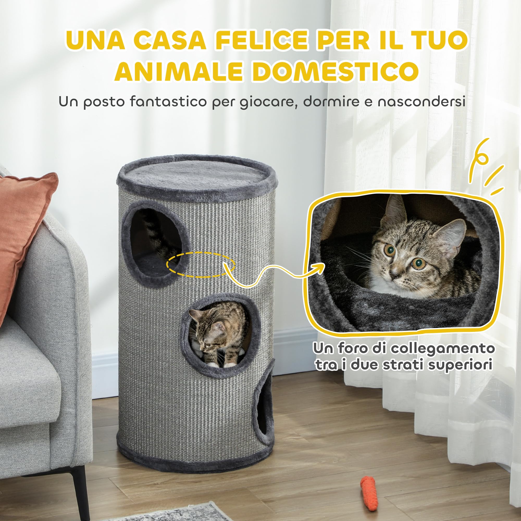 PawHut Cuccia per Gatti a 3 Livelli con Tiragraffi in Sisal e Rivestimento in Peluche, Casetta per Gatti da Interno Multilivello, Ø38x70 cm, Grigio