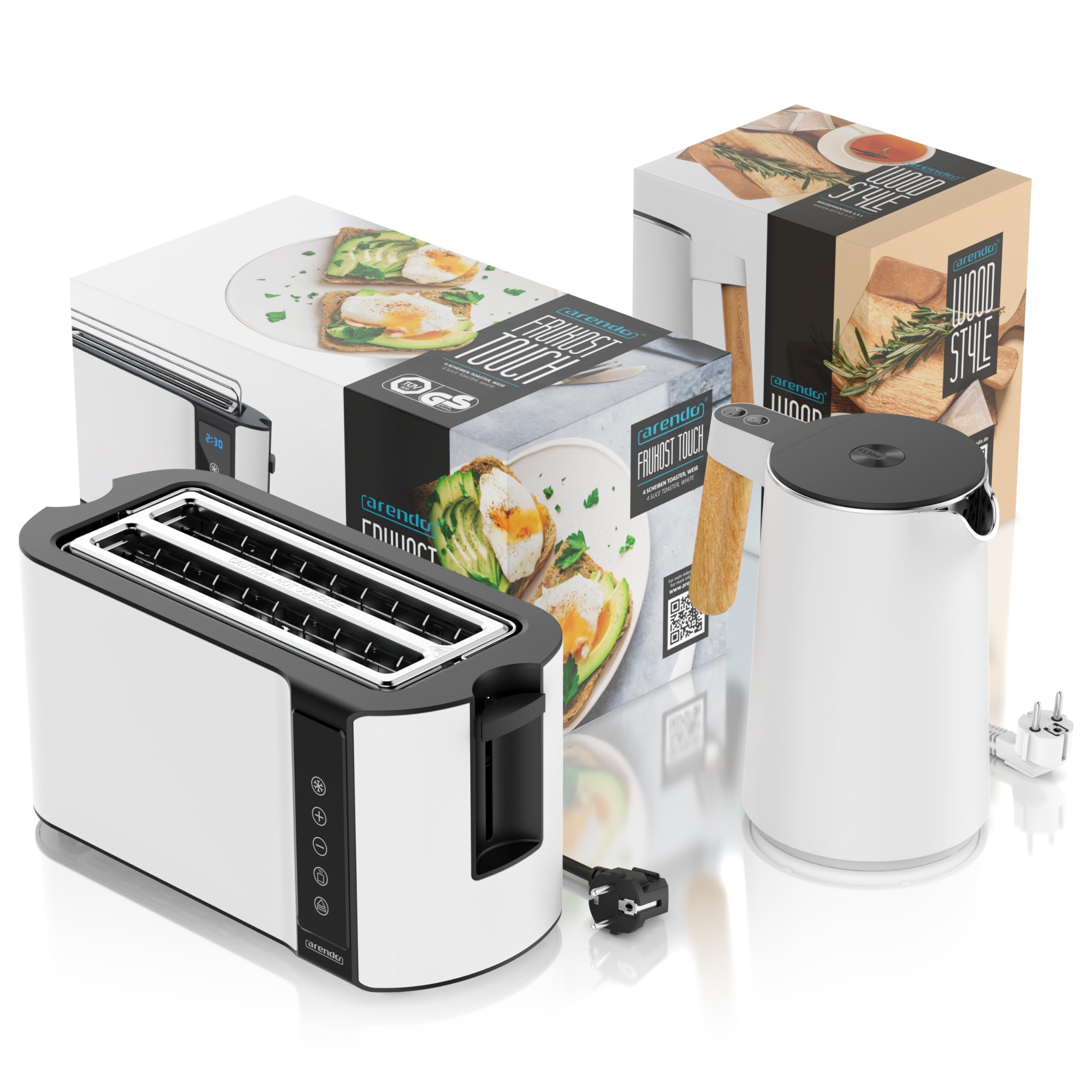 Arendo Wasserkocher Toaster SET Edelstahl 45-100 Grad Warmhaltefunktion 4 Scheiben Touch Display Weiß Matt