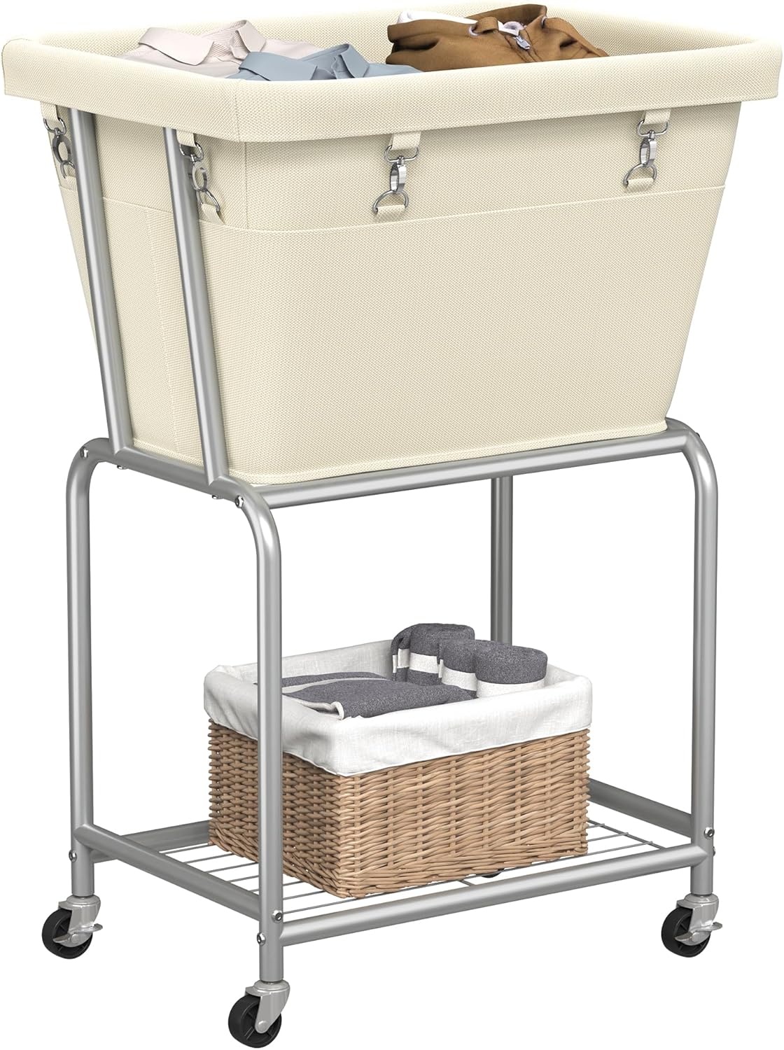 Rolling laundry cart with removable bag and shelf for convenience