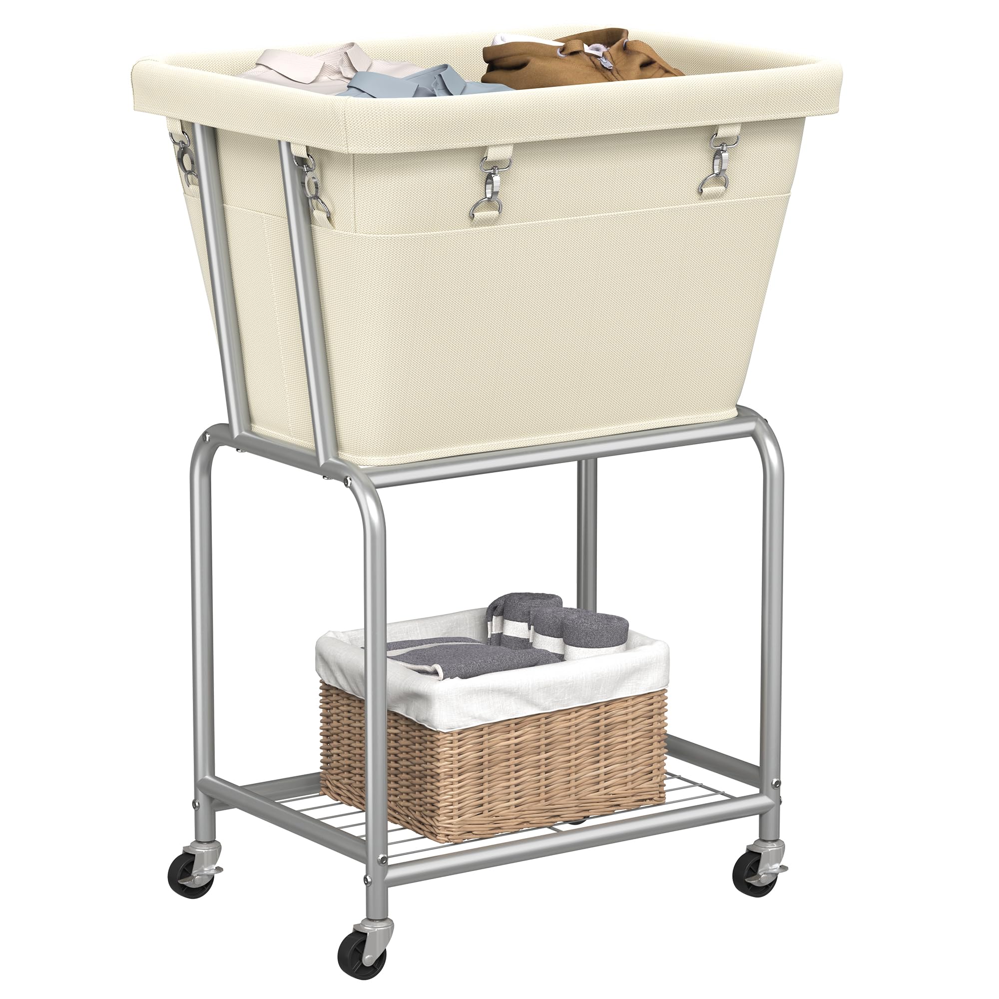 Chariot à linge ELYKEN crème avec sac amovible en tissu et structure en métal