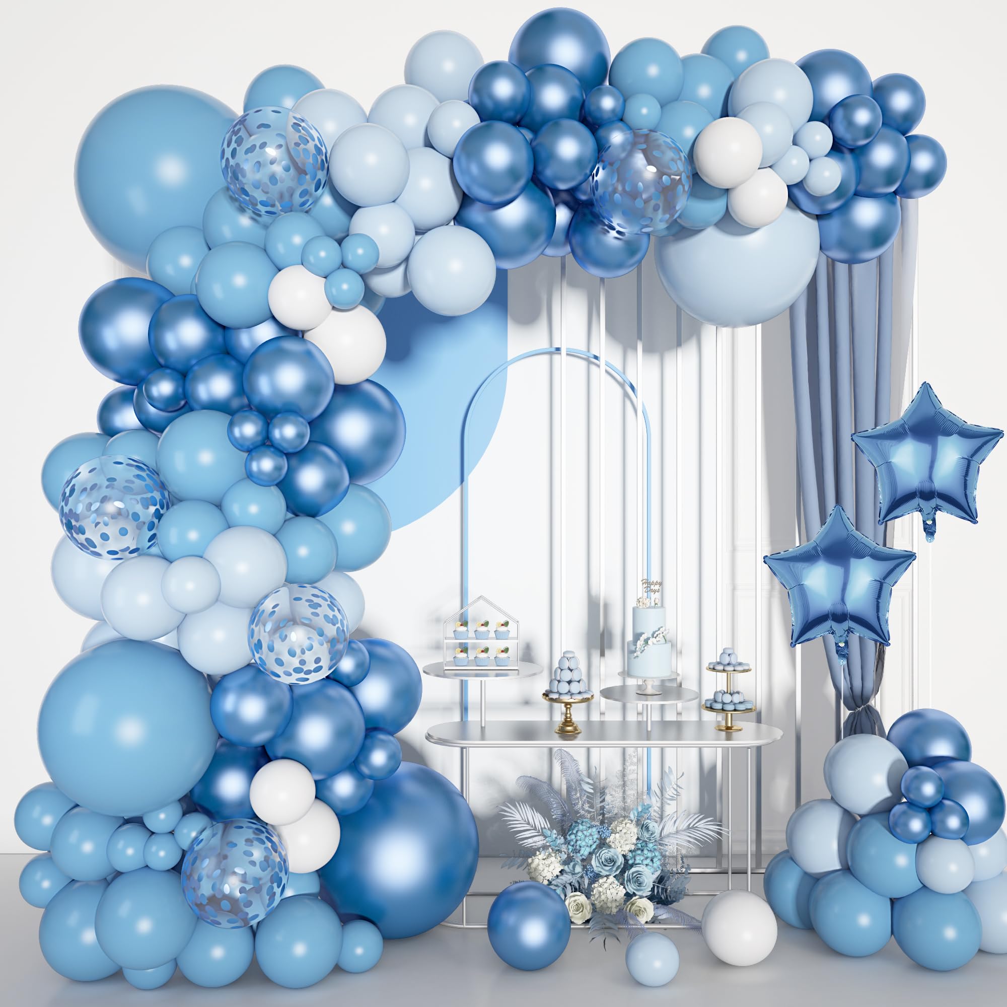 Ouddy Life Blue Balloons Arch Kit, Different Sizes 18 12 10 5Inch Pastel Blue White Latex Metallic Confetti Star Foil Balloon for Baby Shower Wedding