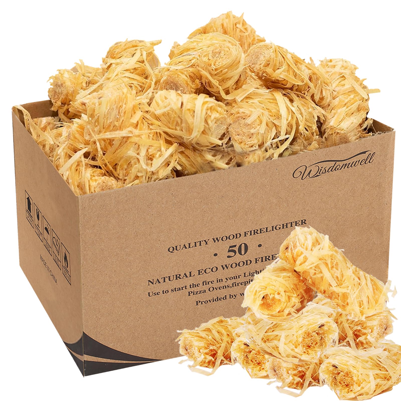 WISDOMWELL Fire Starters - Wood Firelighters 50pcs in The Box, BBQ's,Firewood,Pizza Ovens & Smokers, Safe Charcoal Starter for Lighting A Charcoal Barbecue and Firewood(50pc)