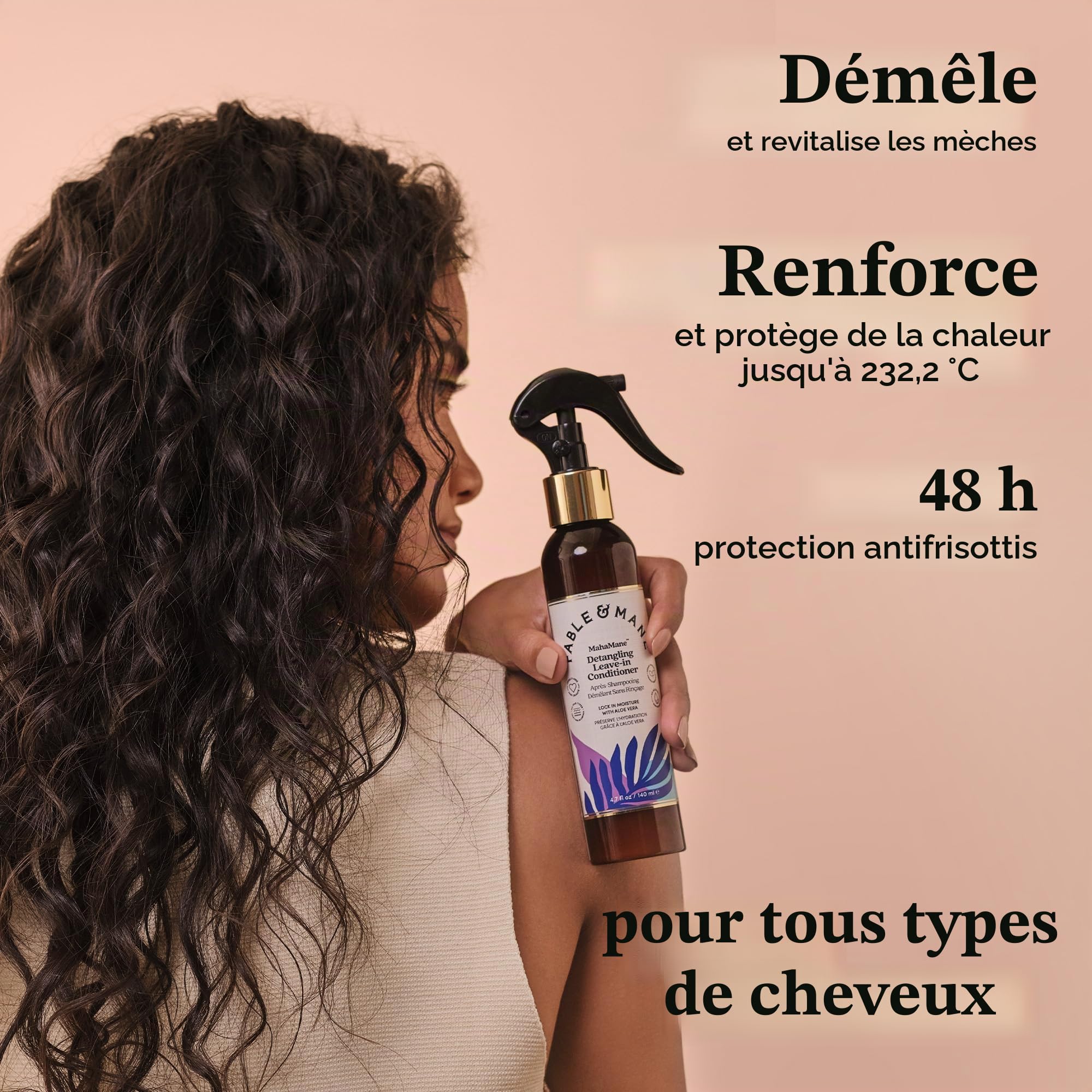 Fable & Mane Après-shampoing démêlant sans rinçage Protection UV pour cheveux lisses, hydratés et sans nœuds. Enrichi en aloe vera