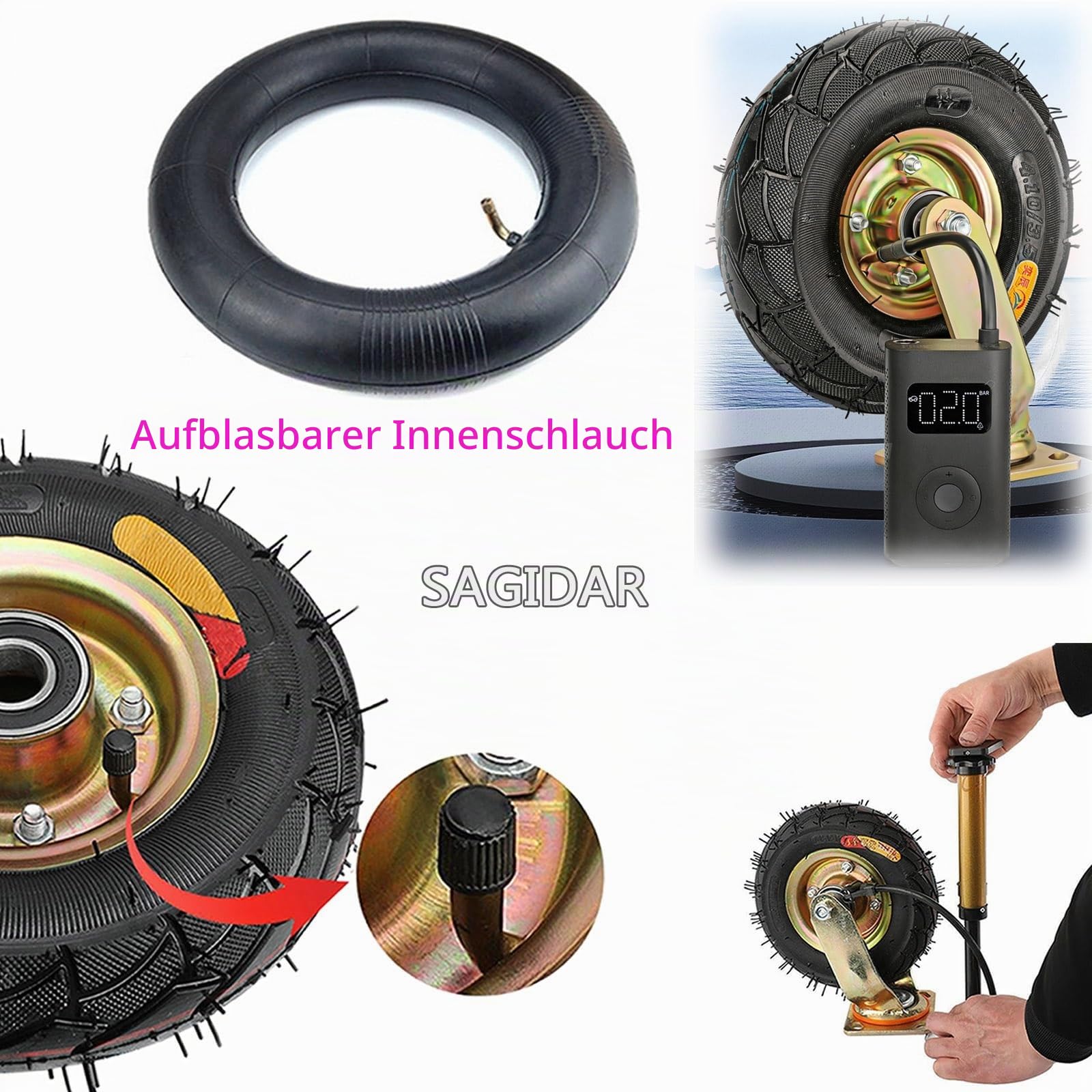 SAGIDAR Lenkrolle Luftrad, 2 Stück Geräuschlose Schwerlast Rollen, Luftreifen Gummi Rollen Ø 200/250mm, Mit Bremse, Schrauben & Metallplatten, Leicht Zu Installieren, Plattformwagen Rad
