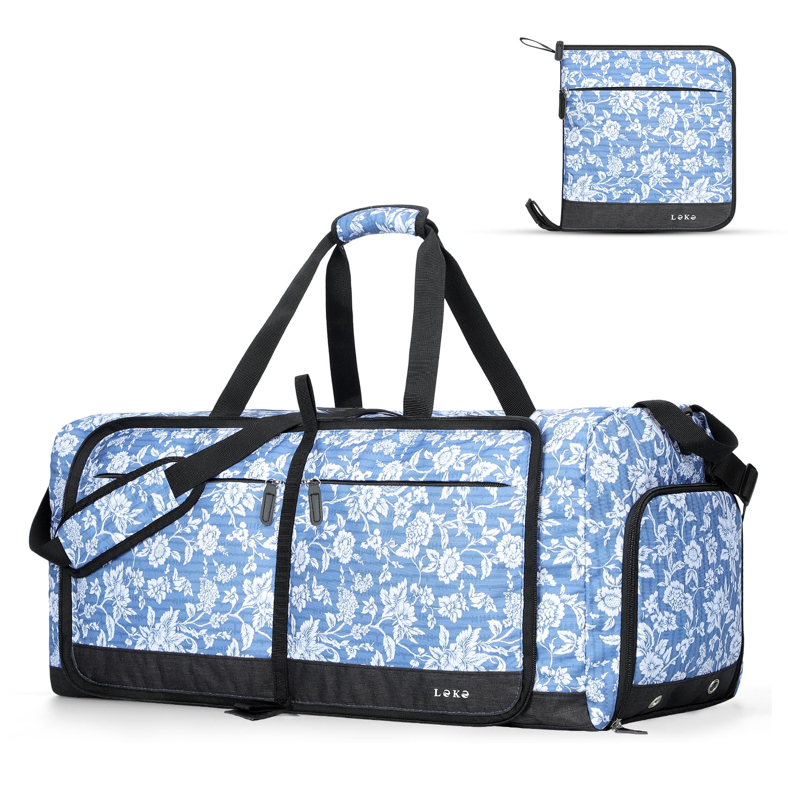 Lekesky Foldable Travel Duffle Bag for Women, Large Duffel Bag with Separate Shoes Compartments &amp; Straps, Carry On Weekend Bag for Women (Blue Floral Print, 80L)