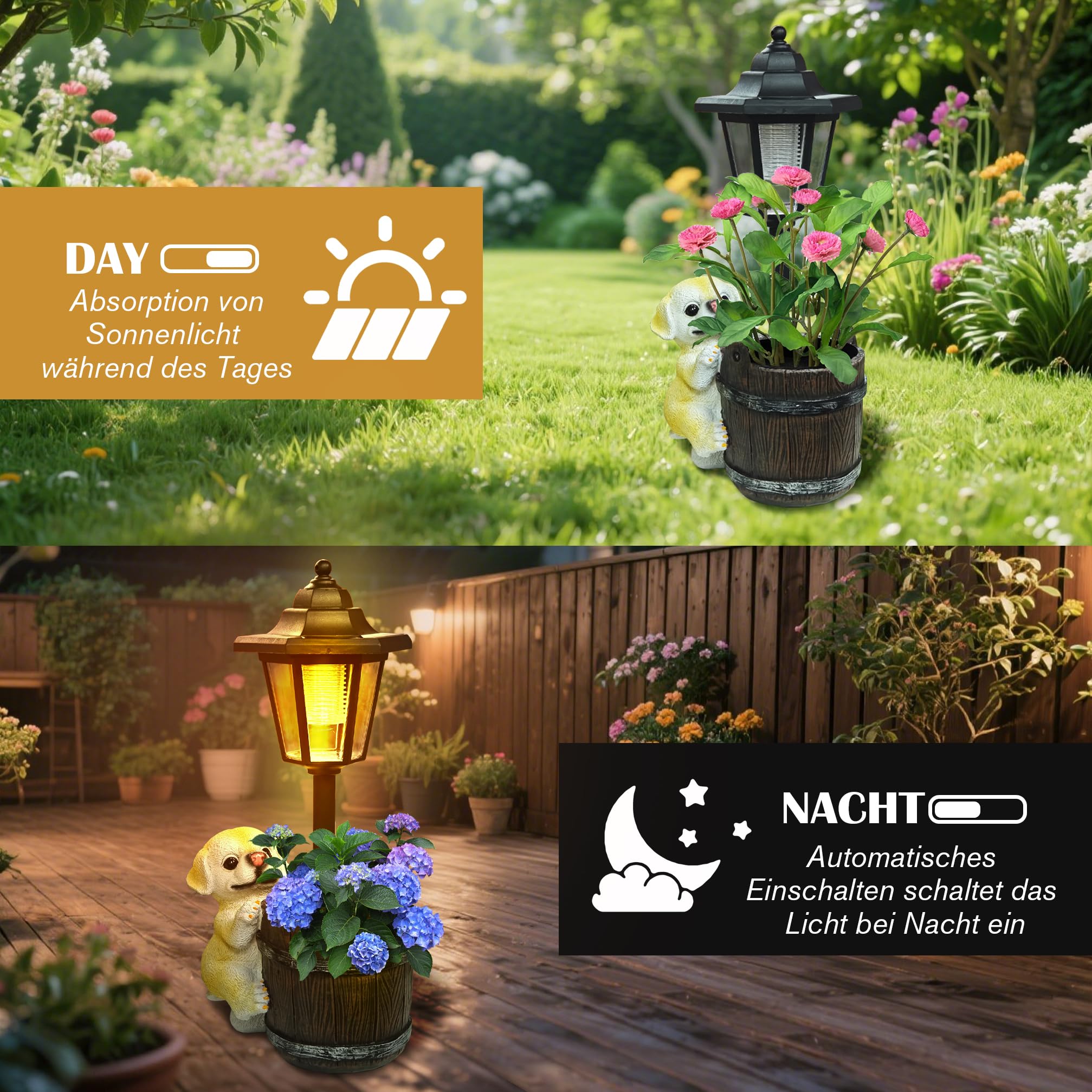 lifemet Gartendeko Solar Außen Hund Statuen - Lustig Gartenfiguren Wasserdicht Solarlampe Blumentopf für Draußen Balkon Garten Deko Geschenke für Frauen Männer Mama