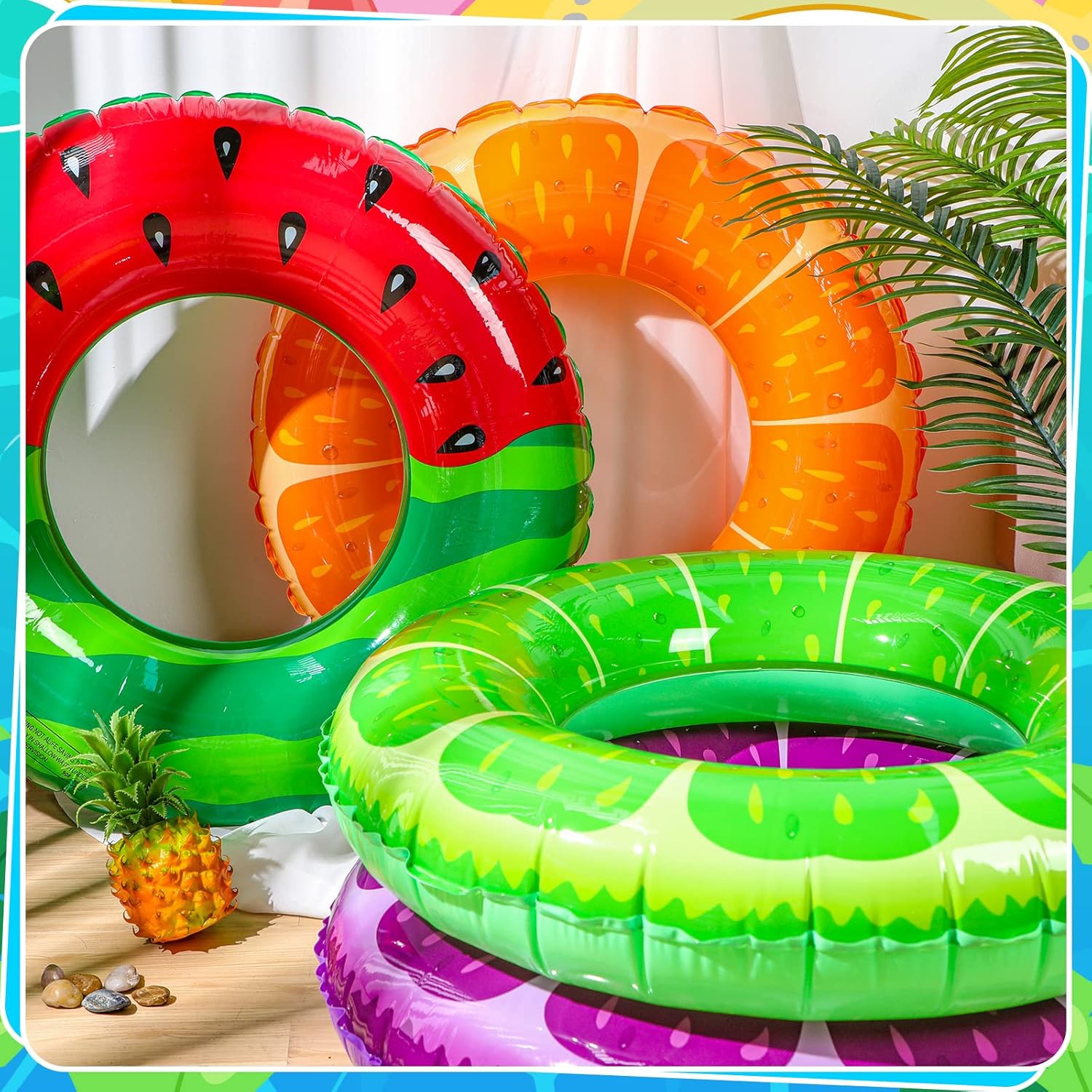 6 Pcs Fruit Inflatable Pool Floats Swimming Rings Watermelon Orange Grape Lemon Kiwi Pool Toys Swim Tubes Rings Inflatable Tubes Bulk for Adults Beach Outdoor Party Supplies Water Fun Toys