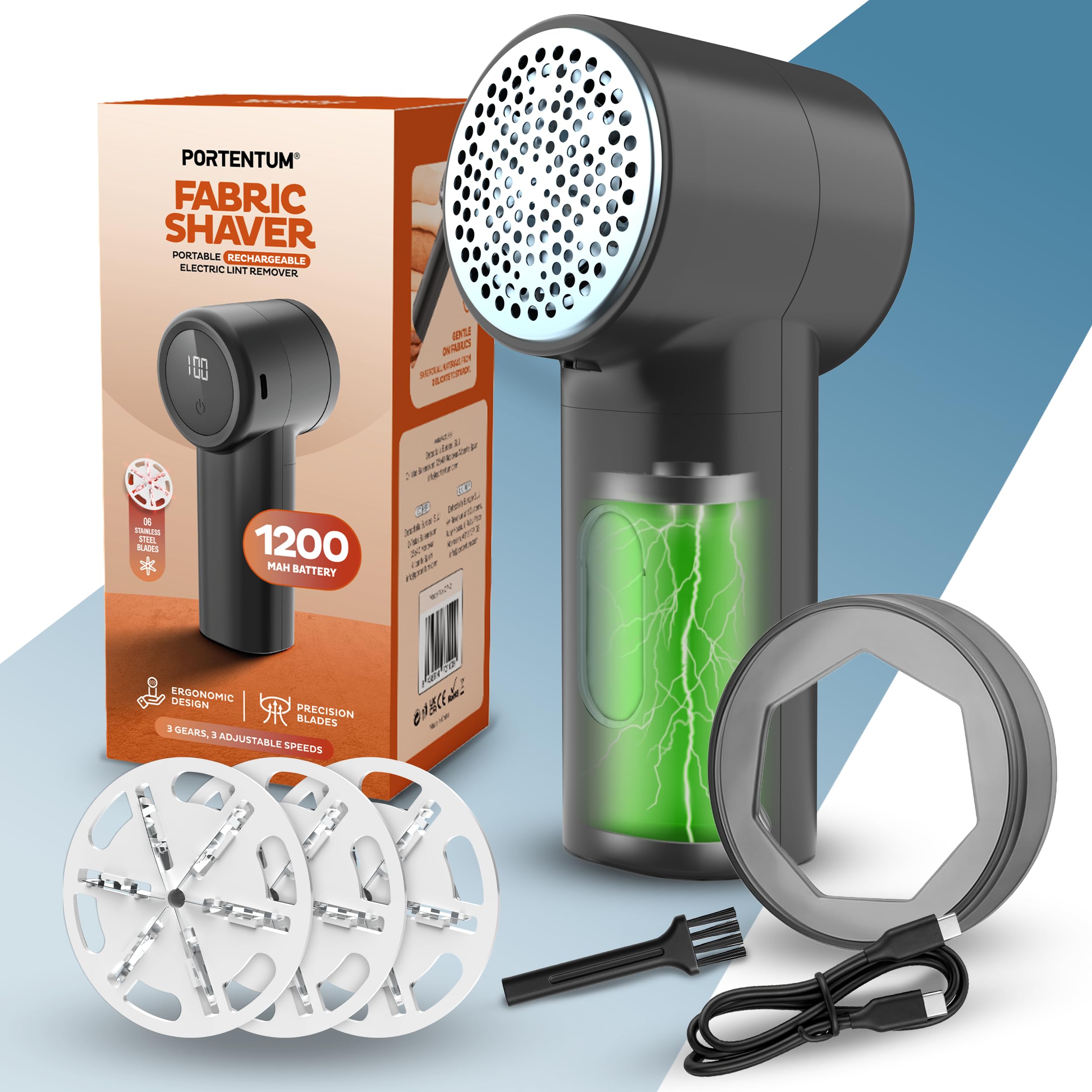 PORTENTUM Lint Remover – Electric Fabric Shaver – LED Display, 3 Speeds