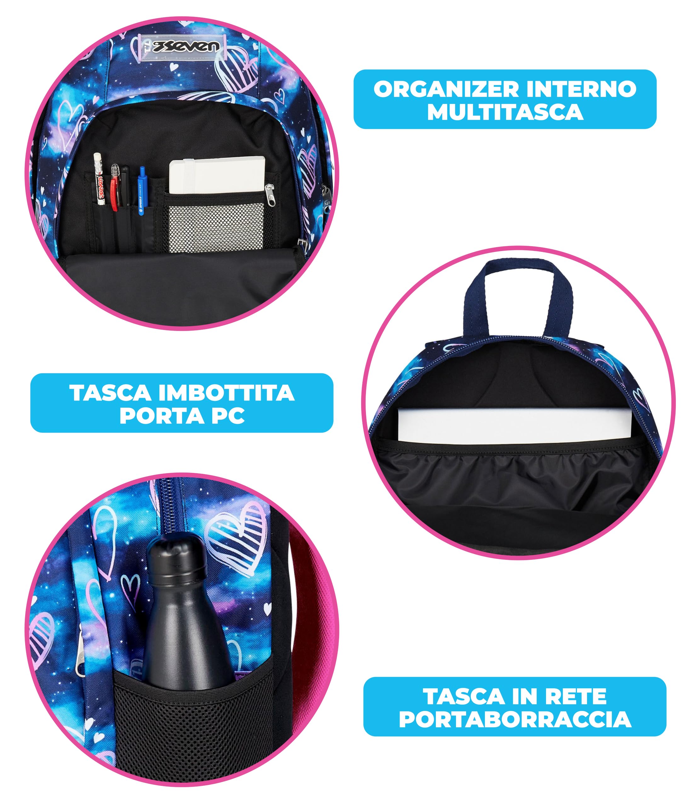 Seven Zaino Trolley Scuola Elementare Bambina 3 ruote, Zaino Sganciabile, Doppio Uso, Spallacci a Scomparsa, viola rosa