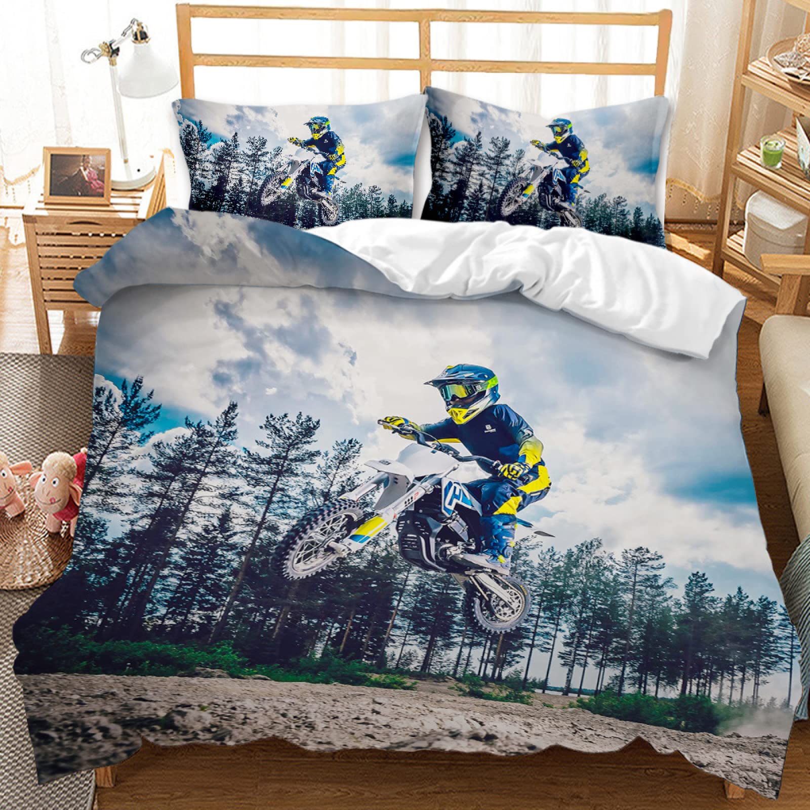 LANGQUN Parure De Lit 220x240 Adulte Moto Cross Country Microfibre Parure De Lit avec Housse De Couette Et 2 Taies d'oreiller 65x65cm - Impression en 3D Douce Et Confortable