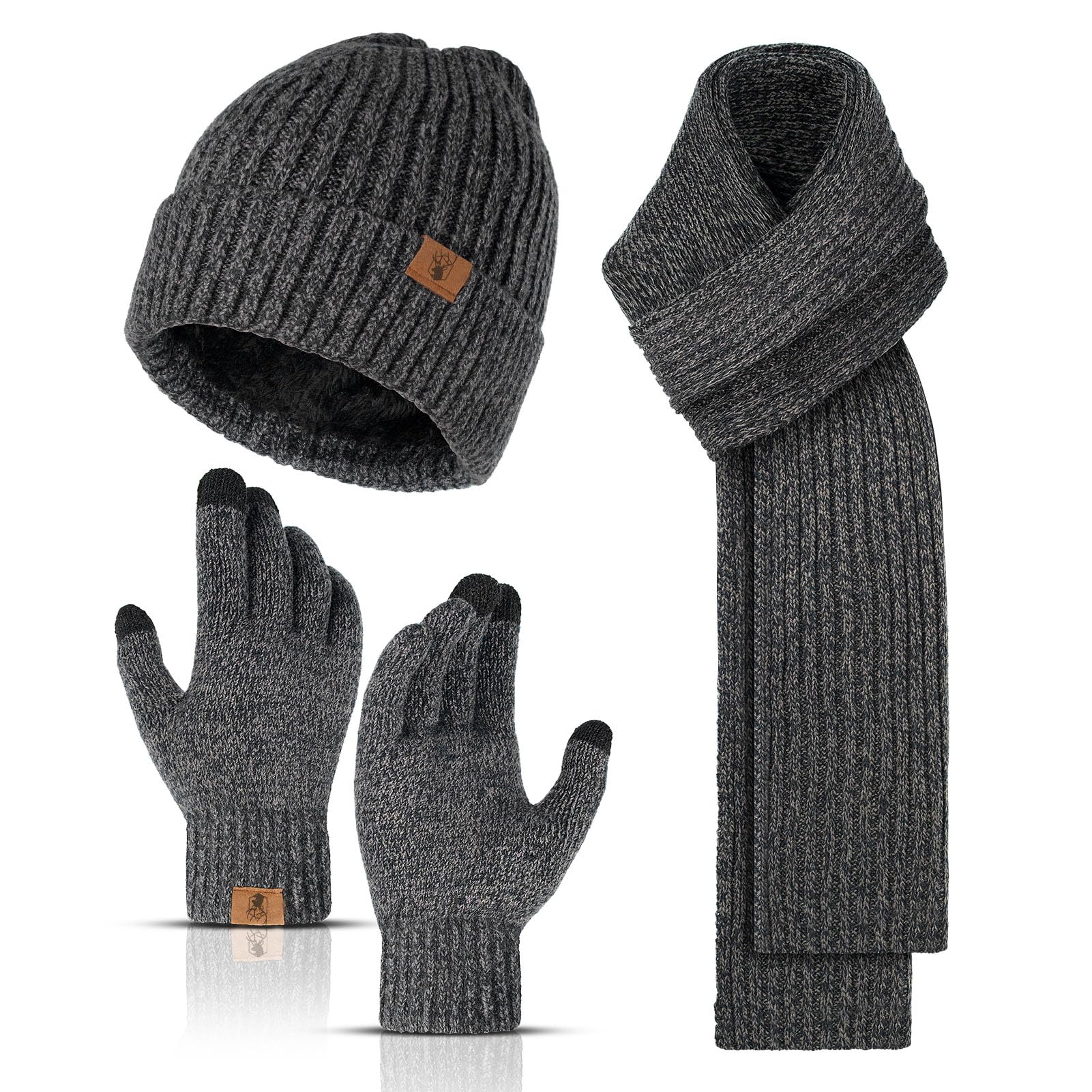 Mütze Schal und Touchscreen Handschuhe Set Wintermütze Thermohandschuhe Schal für Herren Strickmütze 3 STÜCKE Unisex Hüte für Damen Winter Accessoires für Herren Damen
