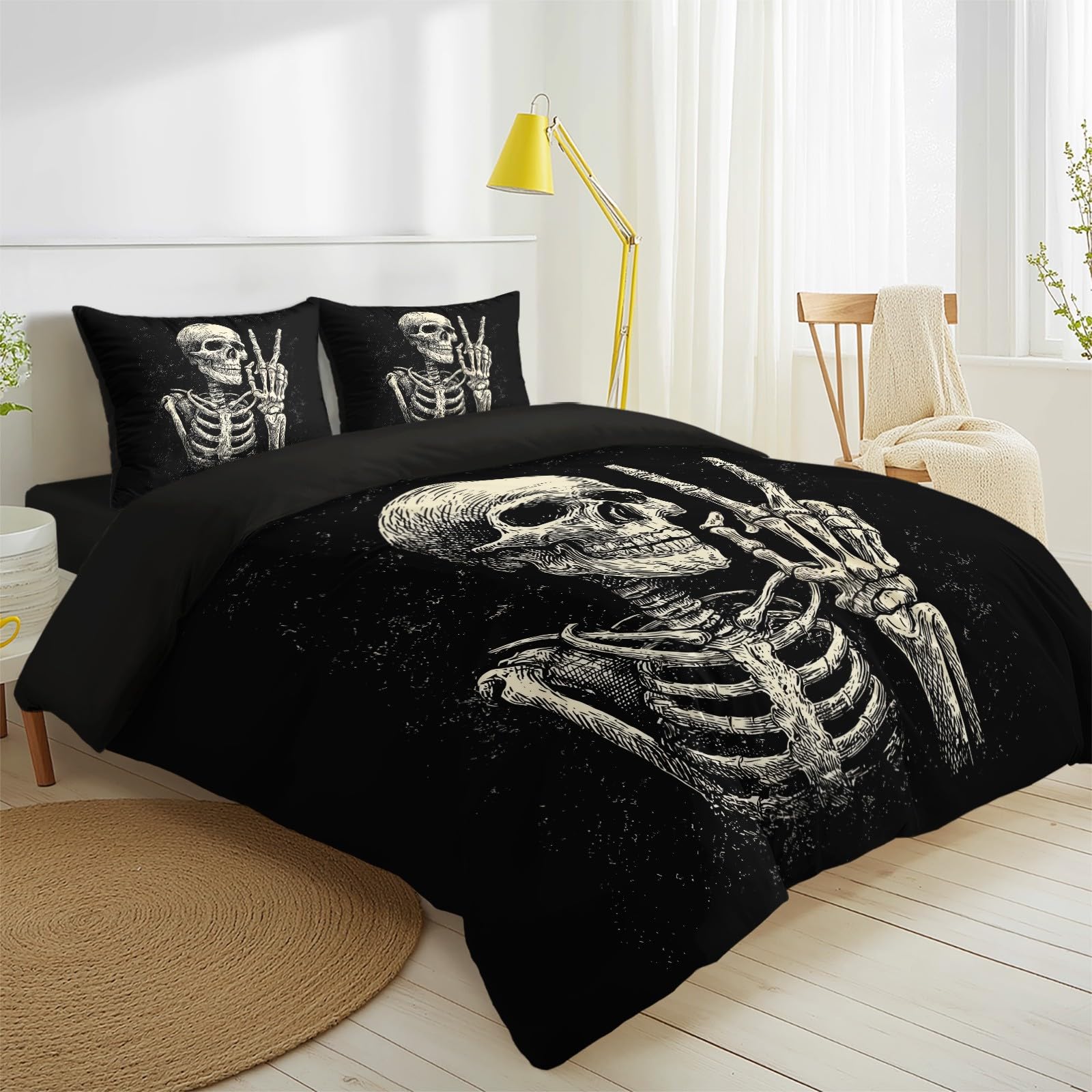 Generisch Gothic Lustig 3-częściowy komplet pościeli 135 x 200 cm, czarny – odwracalny komplet pościeli z mikrofibry, prześcieradło z gumką i poszewki na poduszki, miękka poszwa na kołdrę