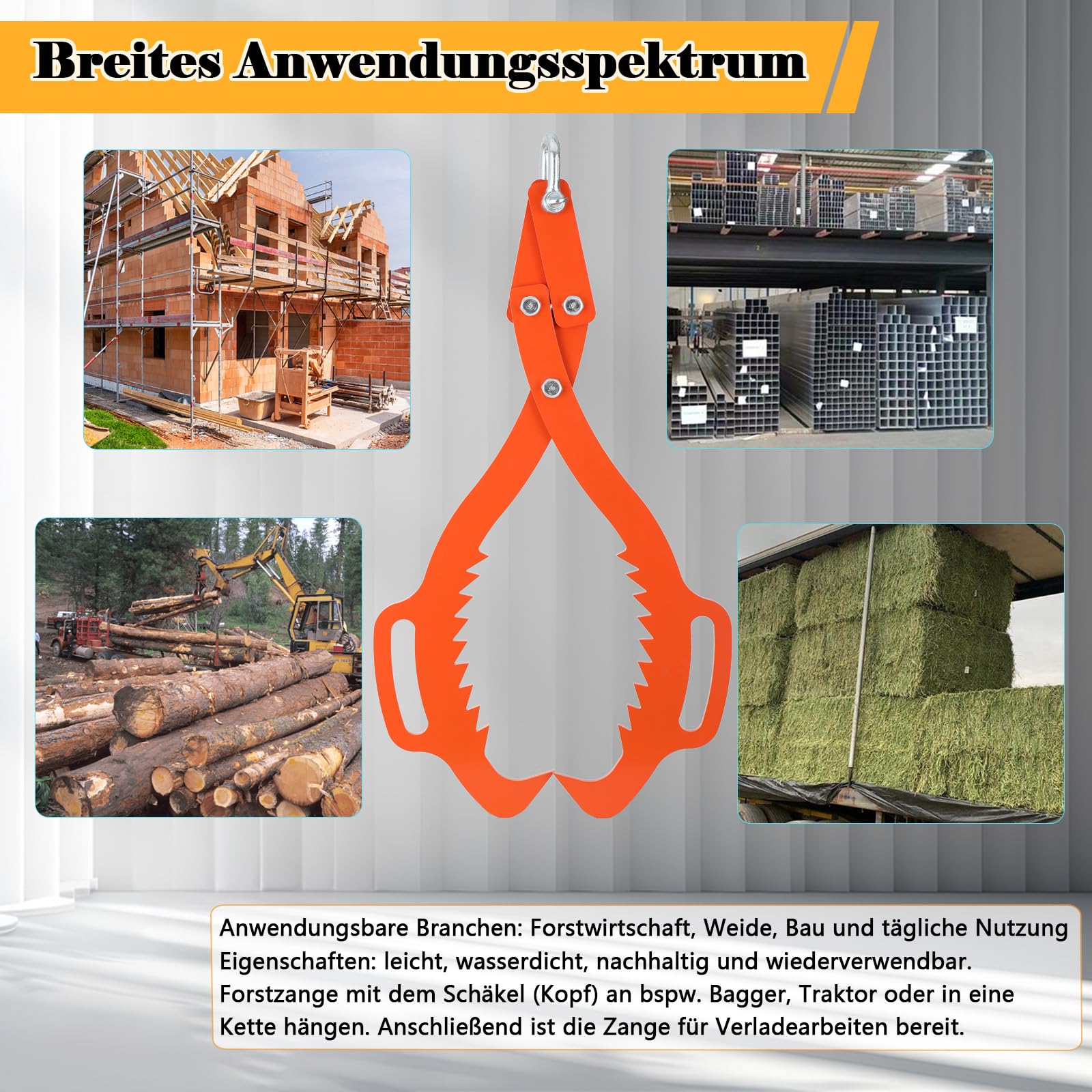 Forstzange für Baumstämme bis 30 Zoll/762 mm, mit 500kg Zugkraft, Rückezange Holzzange Hebezange Holzgreifer Packzange mit 2 Klemmdornen, Verladezange Für Stämme und Stangen