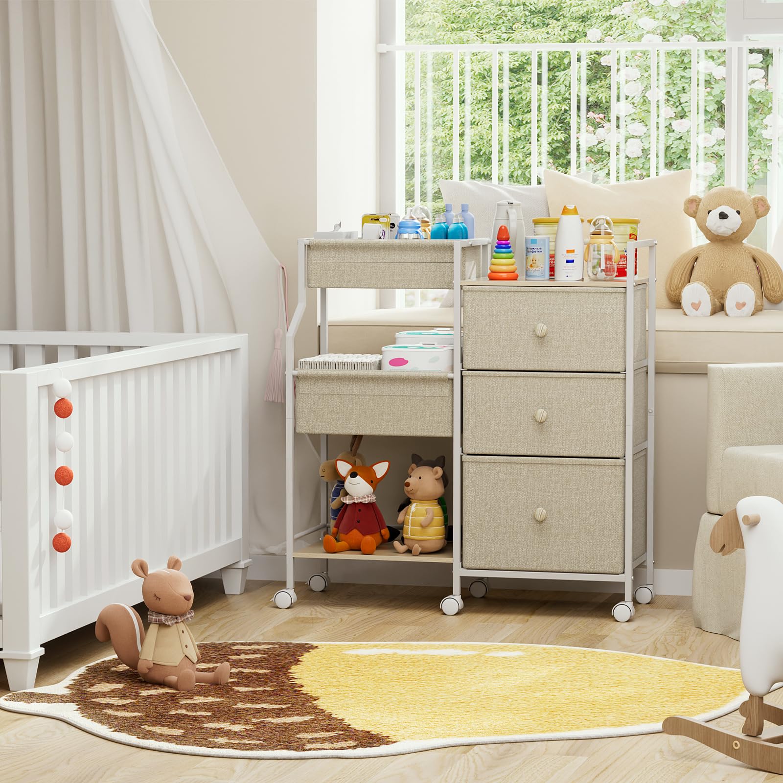 Organizador y almacenamiento para bebés, carrito rodante de 3 niveles con separadores y cajones, fácil de montar, carrito móvil con ruedas para guardería, dormitorio, cambiador y cuna, blanco 7
