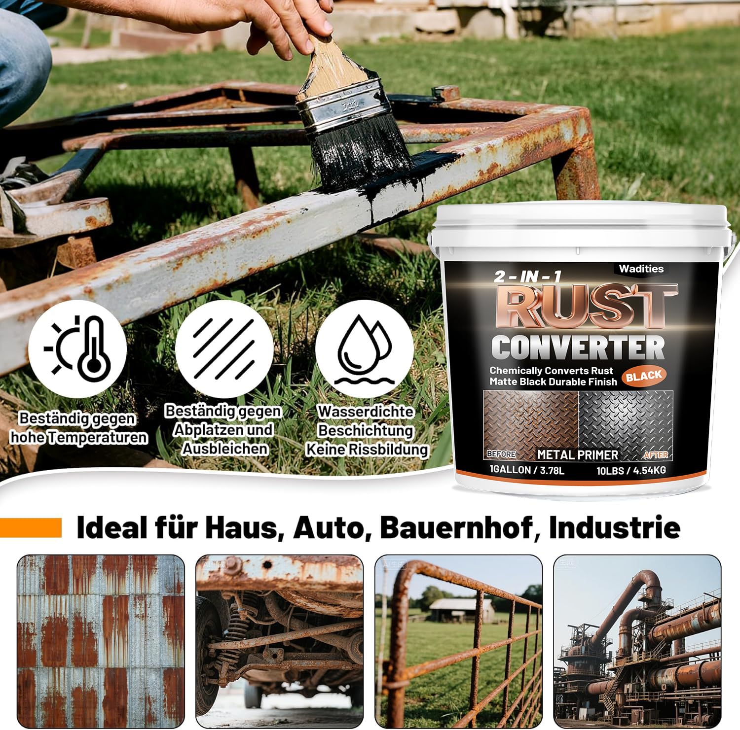 Wadities 2-in-1 Rostumwandler & Metall Grundierung, 4.54kg Mattschwarze Rostschutzfarbe für Metall, Auto Rostentferner & Versiegelung, Langlebige Hitzebeständig Rost Reparatur Set