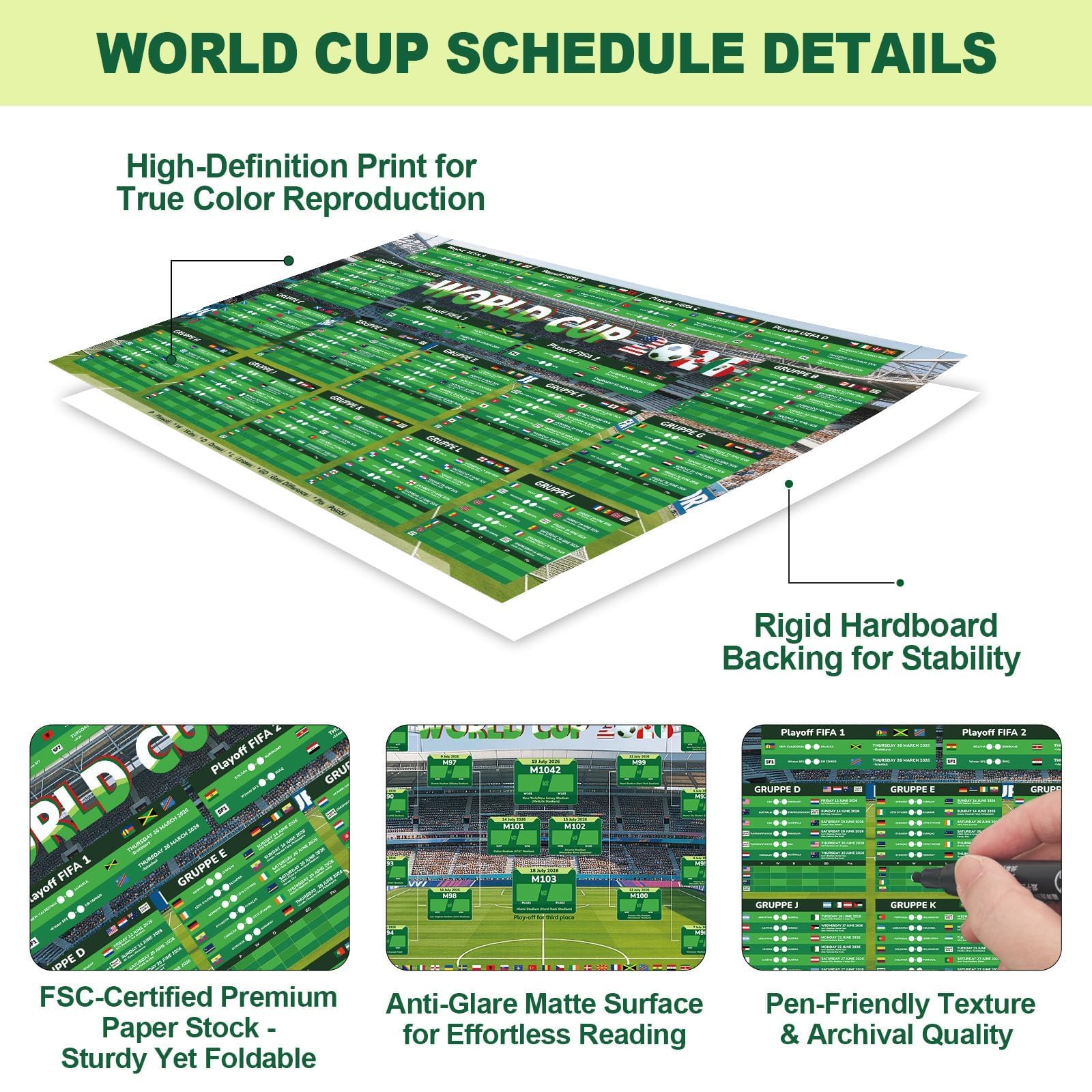 Aitsite Planificación del Mundial de Fútbol 2026 - Póster para decoración del Mundial 2026, planificador de fútbol con pegatinas de banderas y bolígrafo – Todos los partidos, fechas y sedes (Papel - 3