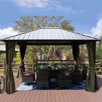 Kozyard 10x12 Hardtop Gazebo Permanent Metal Pavilion with with 2-Layer Sidewalls Curtains for Patio, Backyard, and Deck Galvanized Steel Outdoor Aluminum Canopy, Double Roof Gazebo Brown