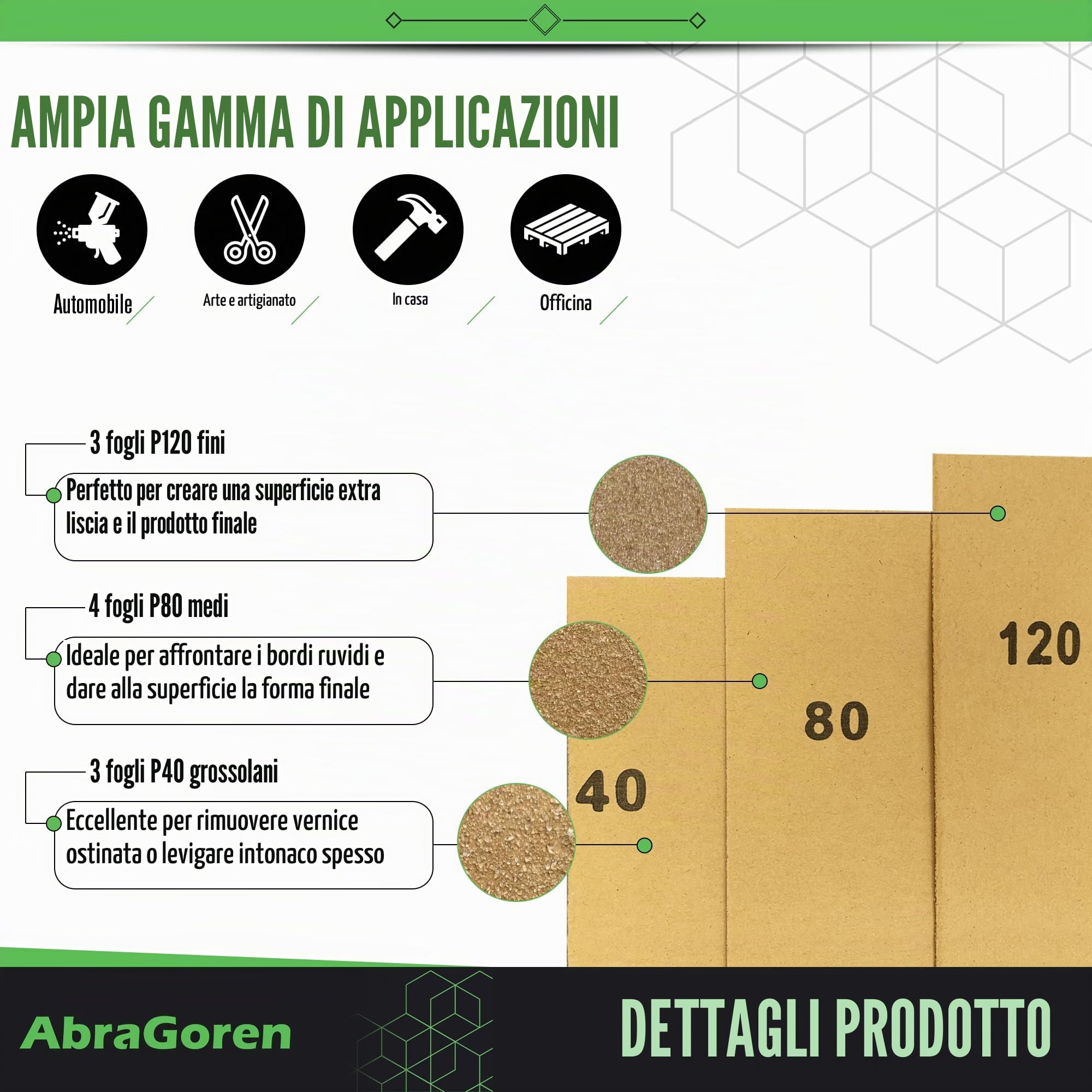 Carta vetrata assortita grana mista 10 fogli per legno e muro