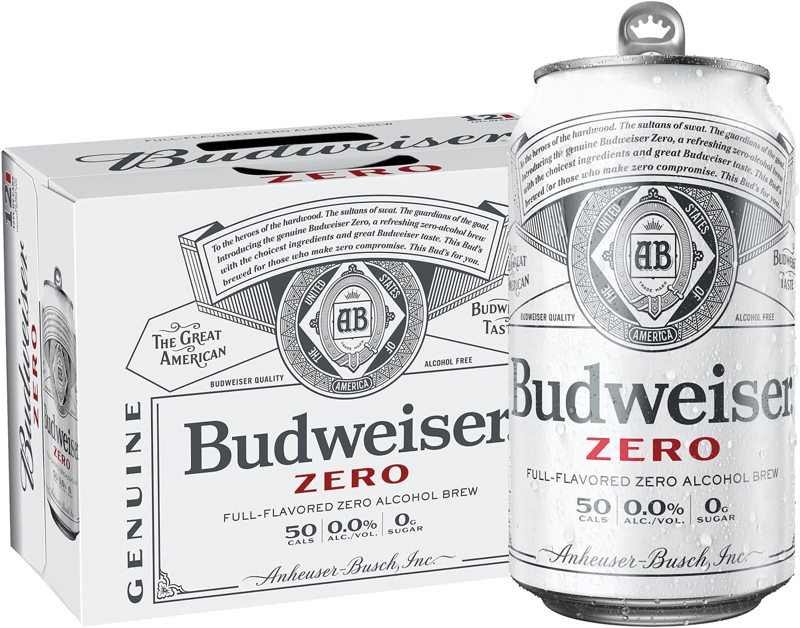 Orchard Hill [Pack of 12] Budweiser Full Flavored Zero Alcohol Brew, 0.00 ALC, NA Non-Alcoholic Beer, 50 Cal, Zero Sugar, Cans, 12 Fl Oz (Pack of 12)