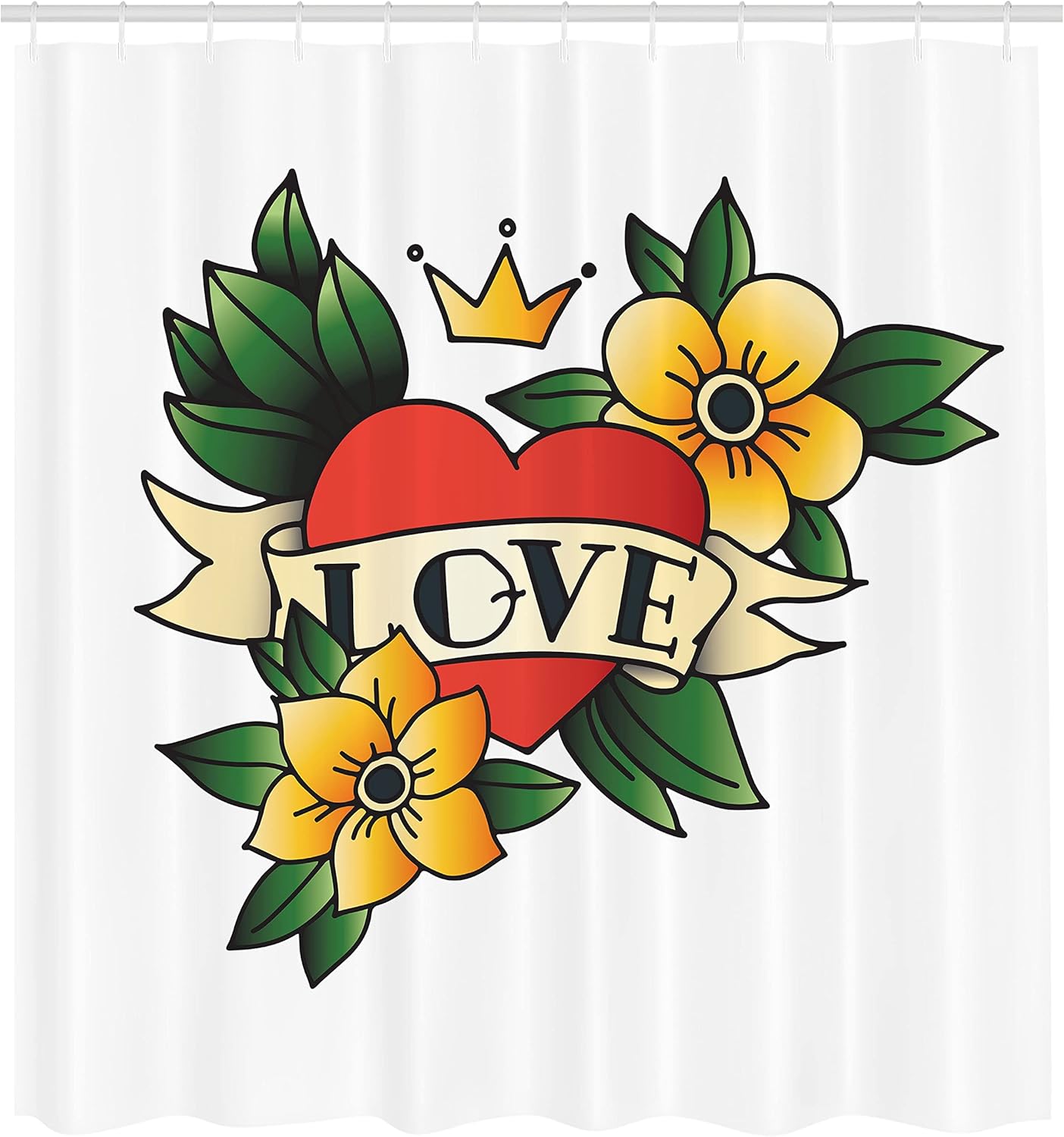 Ambesonne Tattoo Shower Curtain, Pencil Drawn Style Pastel Colored Crown Heart with Leaves and Flowers, Cloth Fabric Bathroom Decor Set with Hooks, 69" W x 75" L, Yellow Green