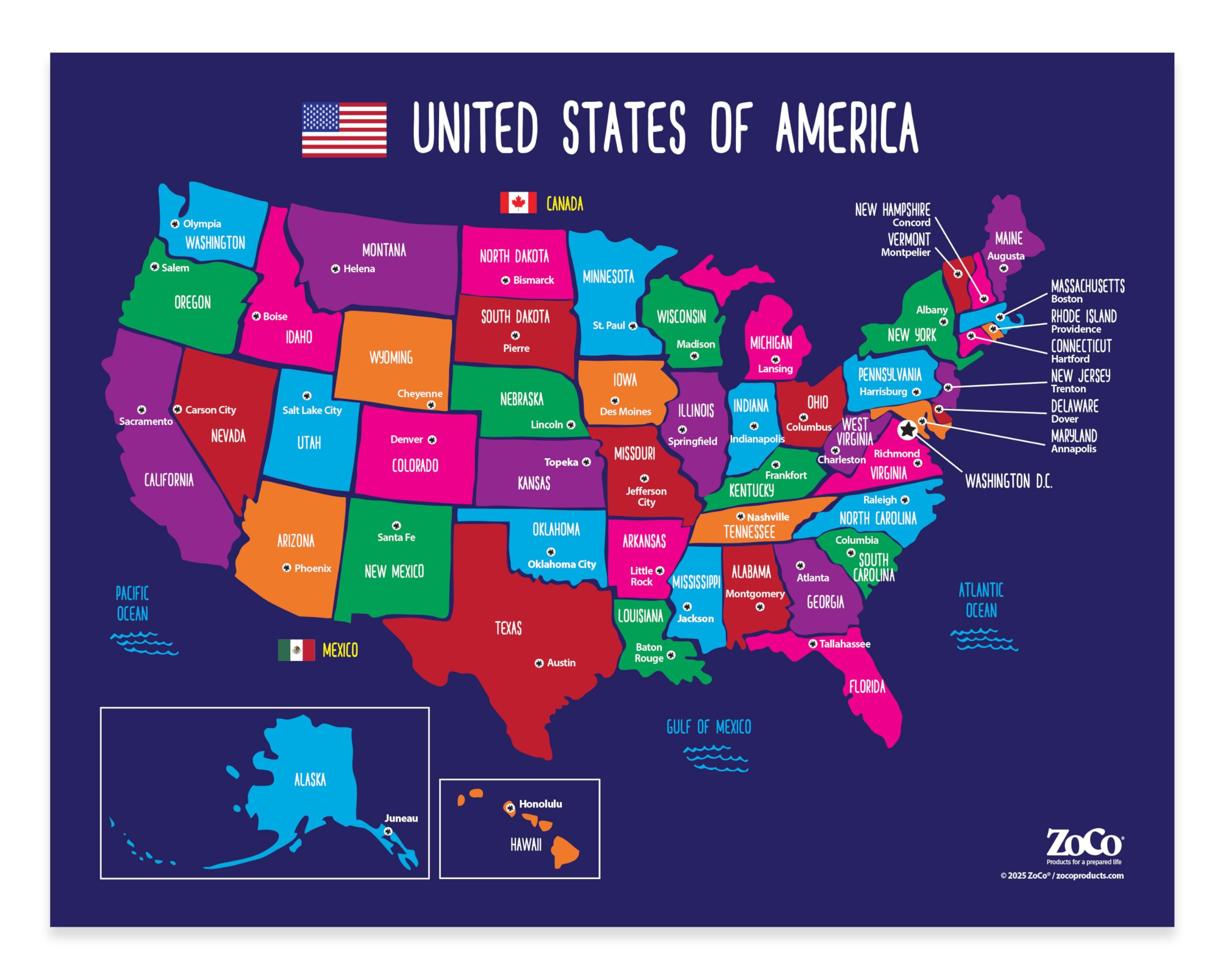 ZOCO – United States Map with Capitals Poster – Laminated 17x22 – Educational USA Wall Chart for Kids – North America Geography, Social Studies Classroom Decor