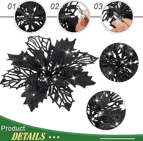 Miniatura 2 de WILLBOND 36 flores de Pascua con purpurina para árbol de Navidad, flores de pascua artificiales para decoración de coronas de boda, árbol (negro)