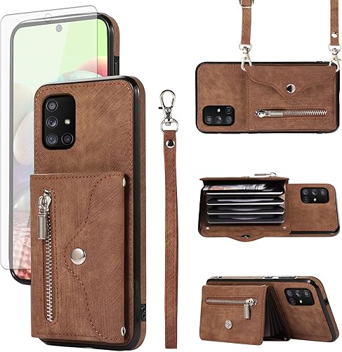 Funda para teléfono Samsung Galaxy A71 5G con protector de pantalla de vidrio templado y correa cruzada para la muñeca, cordón para tarjetas de