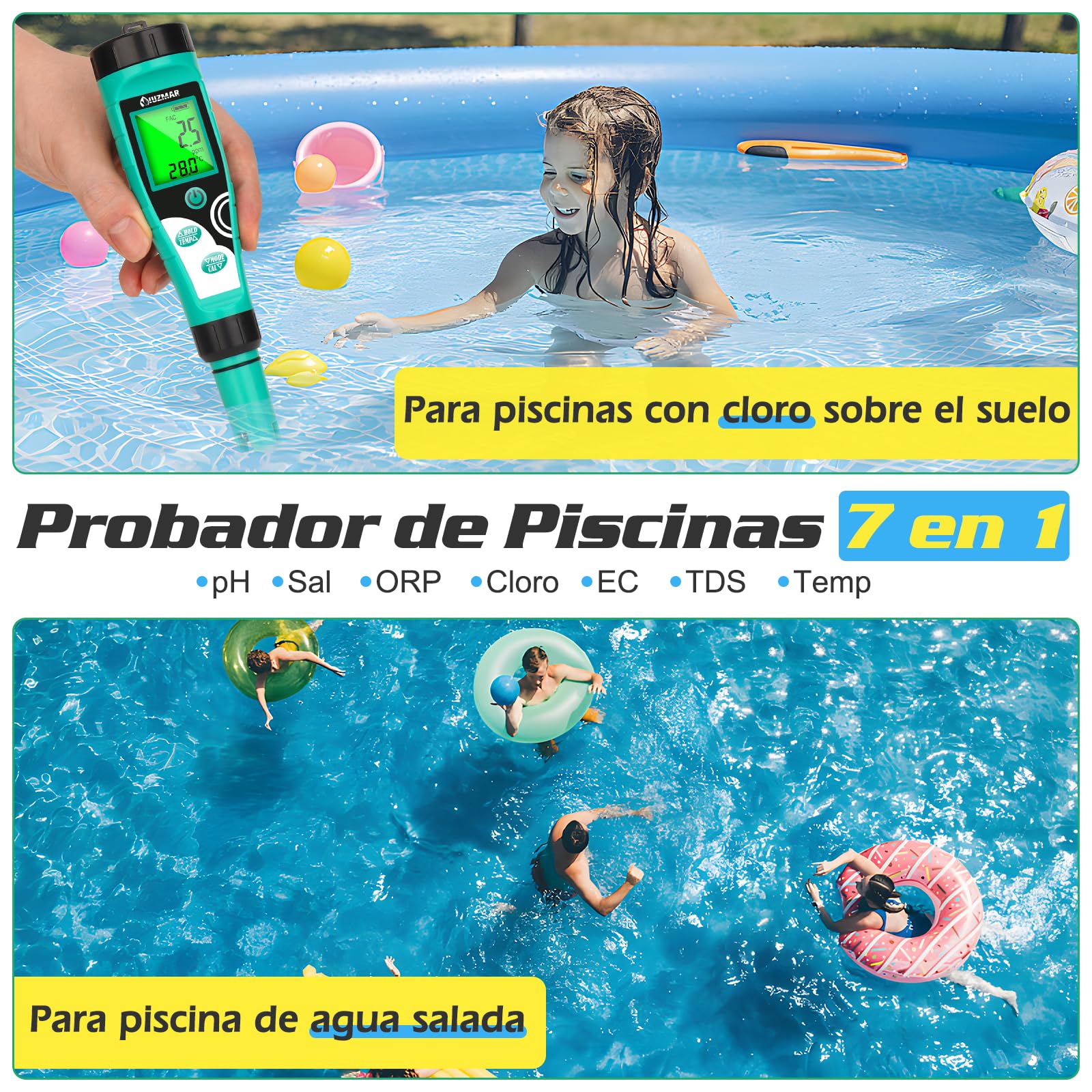 UIUZMAR Medidor de pH y Cloro para Piscinas, Digital Medidor de pH y Salinidad para Piscinas de Agua Salada, 7 en 1 FAC/pH/Sal/ORP/TDS/EC/Temp comprobador con Solución de Calibración para Spas