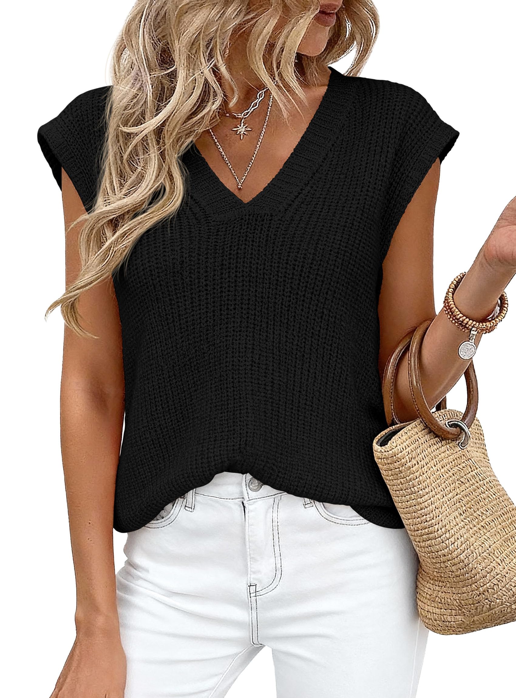 Women's 2026 Lightweight Sweaters Vest Spring Trendy Cap Sleeve V Neck Knit Tank Tops Summer Going Out Outfits-image-37