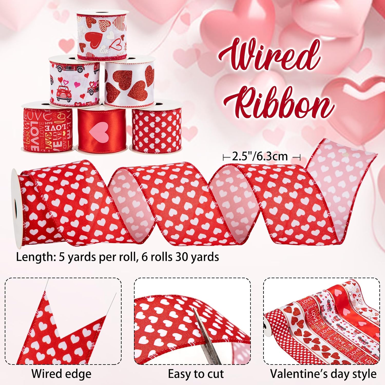 Briful 6 Rolls Valentine Wired Ribbon Set 2.5 inch 30Yards Heart and Love Pattern Fabric Ribbons for Gift Wrapping Crafts Wreath Bow Decorations DIY Projects